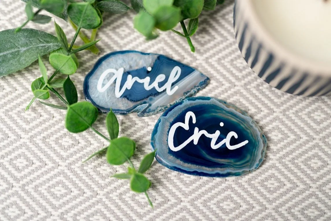 blue agate slice hand lettered place cards