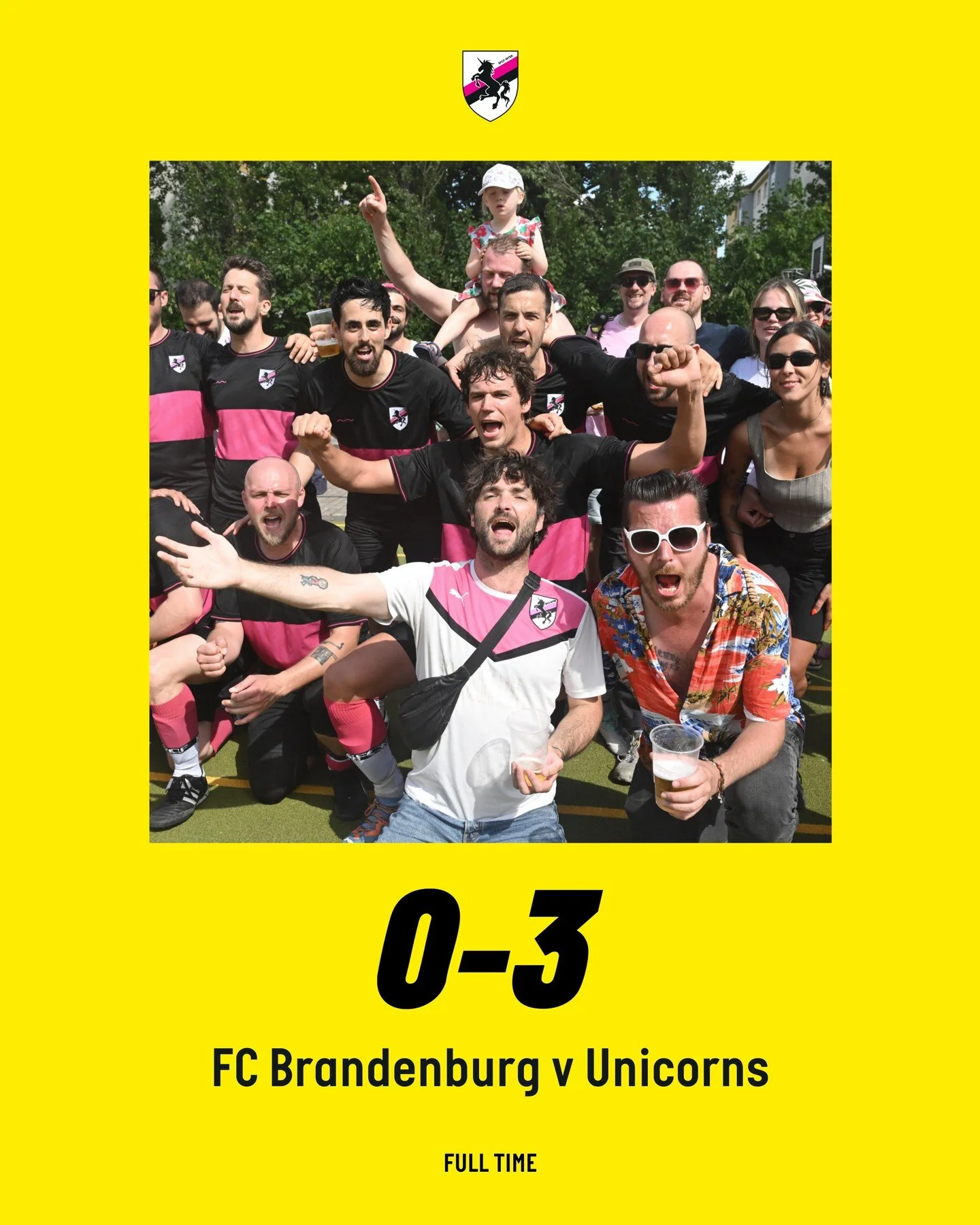 UNICORN CATHARSIS.

The league was in the bag, but the winning run continued as the Unicorns beat @redwhitesupergroup by three clear goals at Sportplatz Brahestrasse.

A fine team performance played in crazy heat secured the result, with goals coming