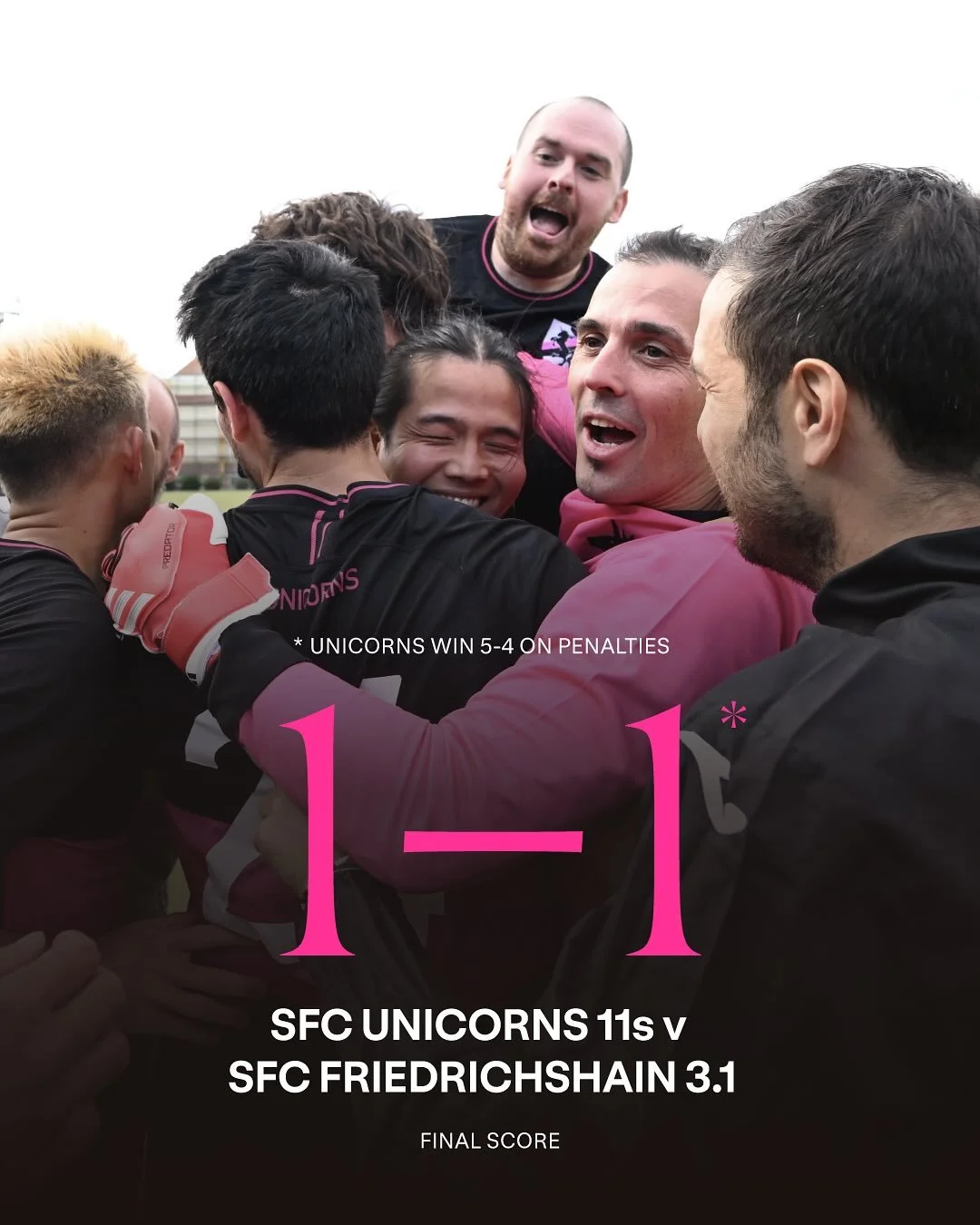 Cup magic in 2 steps:

1. Save one penalty🧤
2. Score all yours ⚽️⚽️⚽️⚽️⚽️

We went 5/5 from the spot after a gritty 1&ndash;1 against our clubmates @sfcfriedrichshain. Debut keeper Gigi came up with the key stop, and Dan&rsquo;s super chill finish s