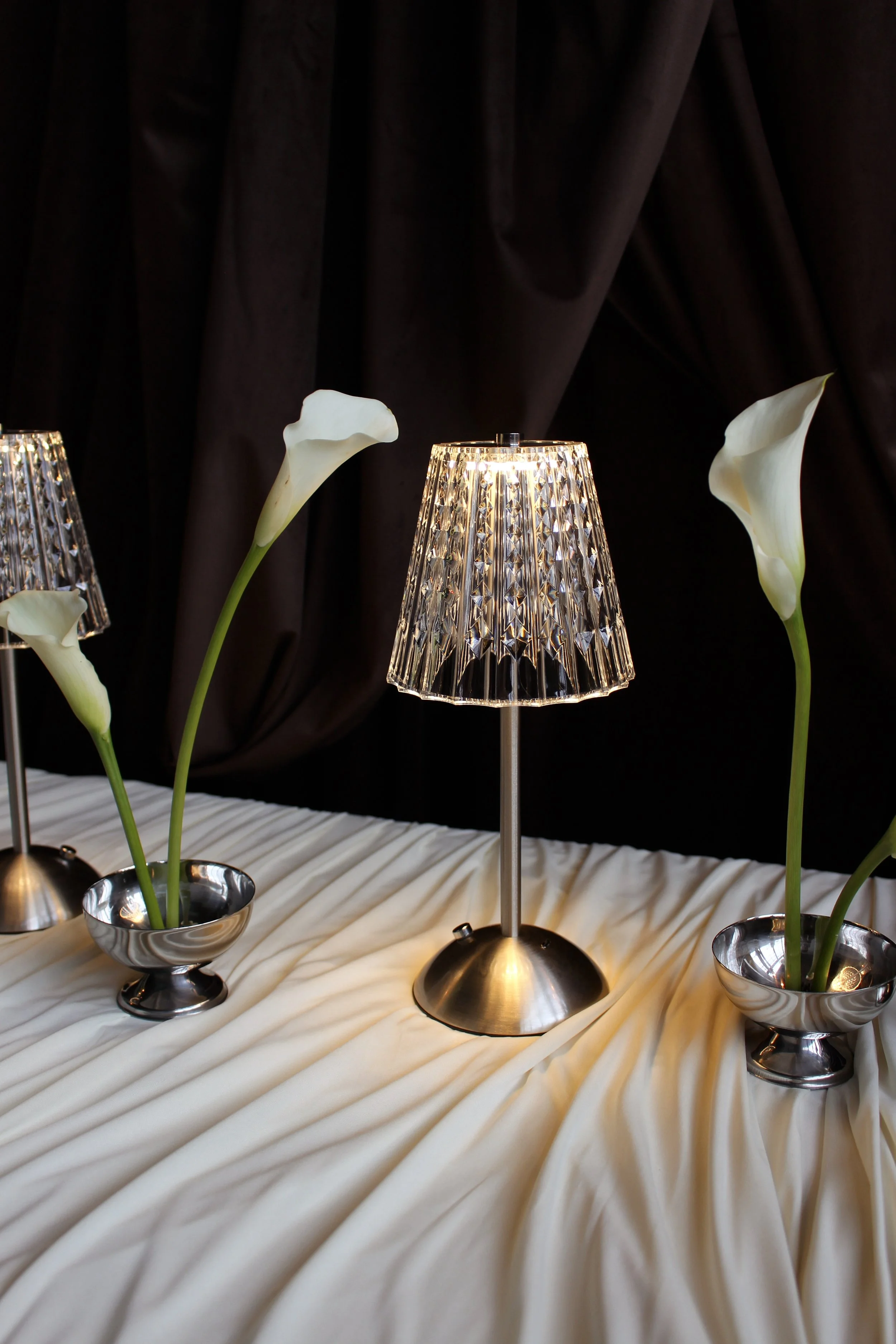 silver glass shade battery powered table lamp