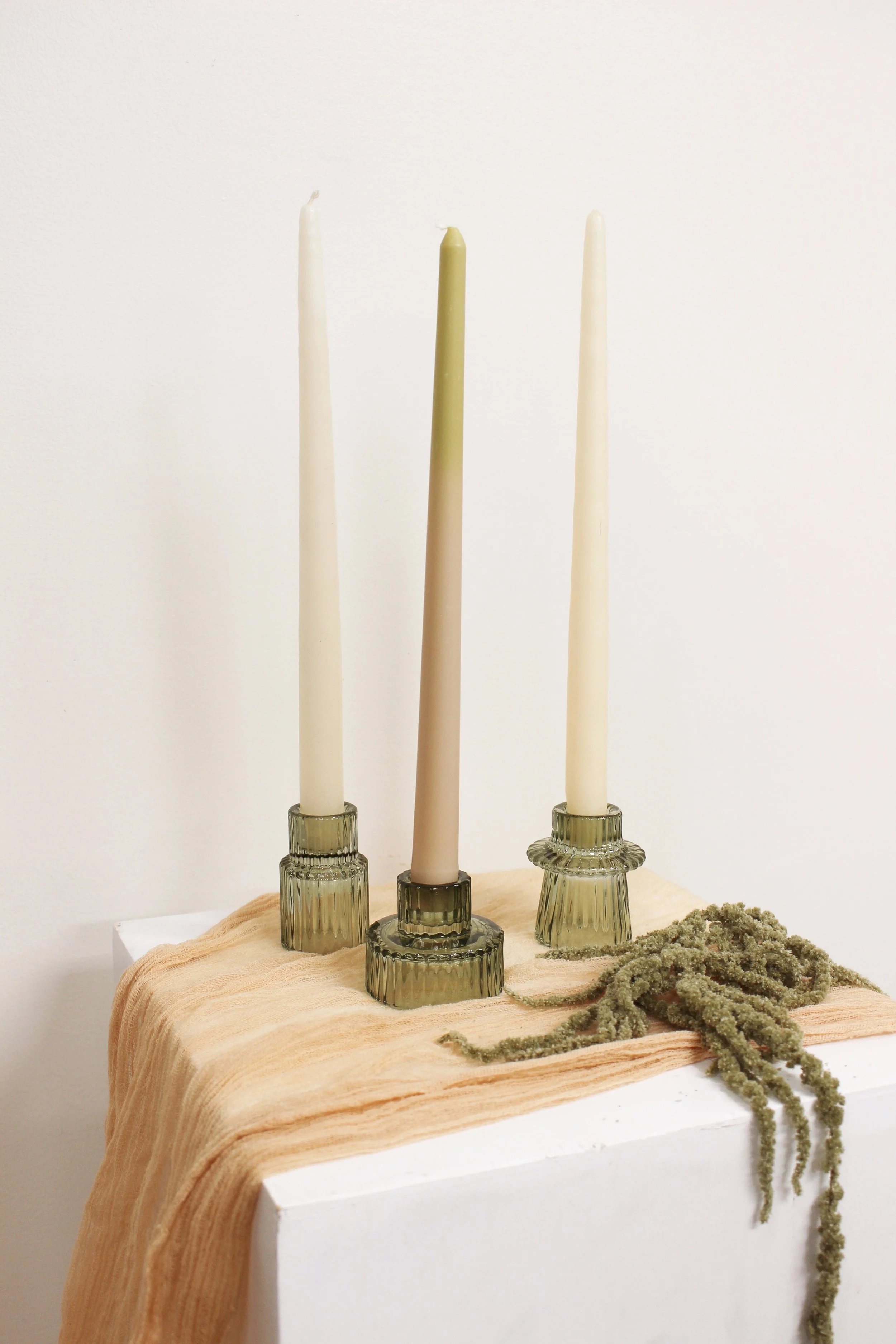 sage glass taper candle holders