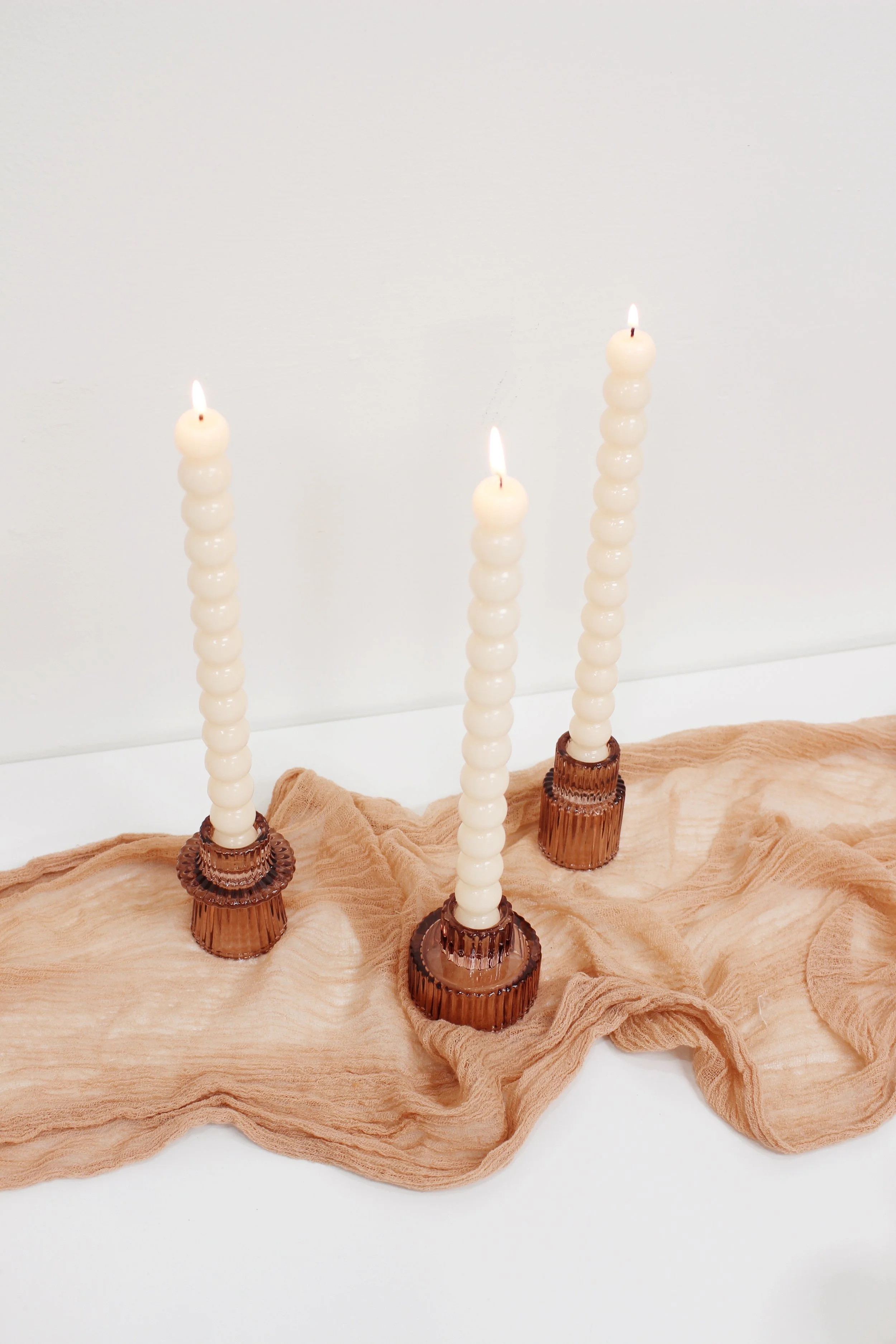 rose blush ribbed glass taper candle holders