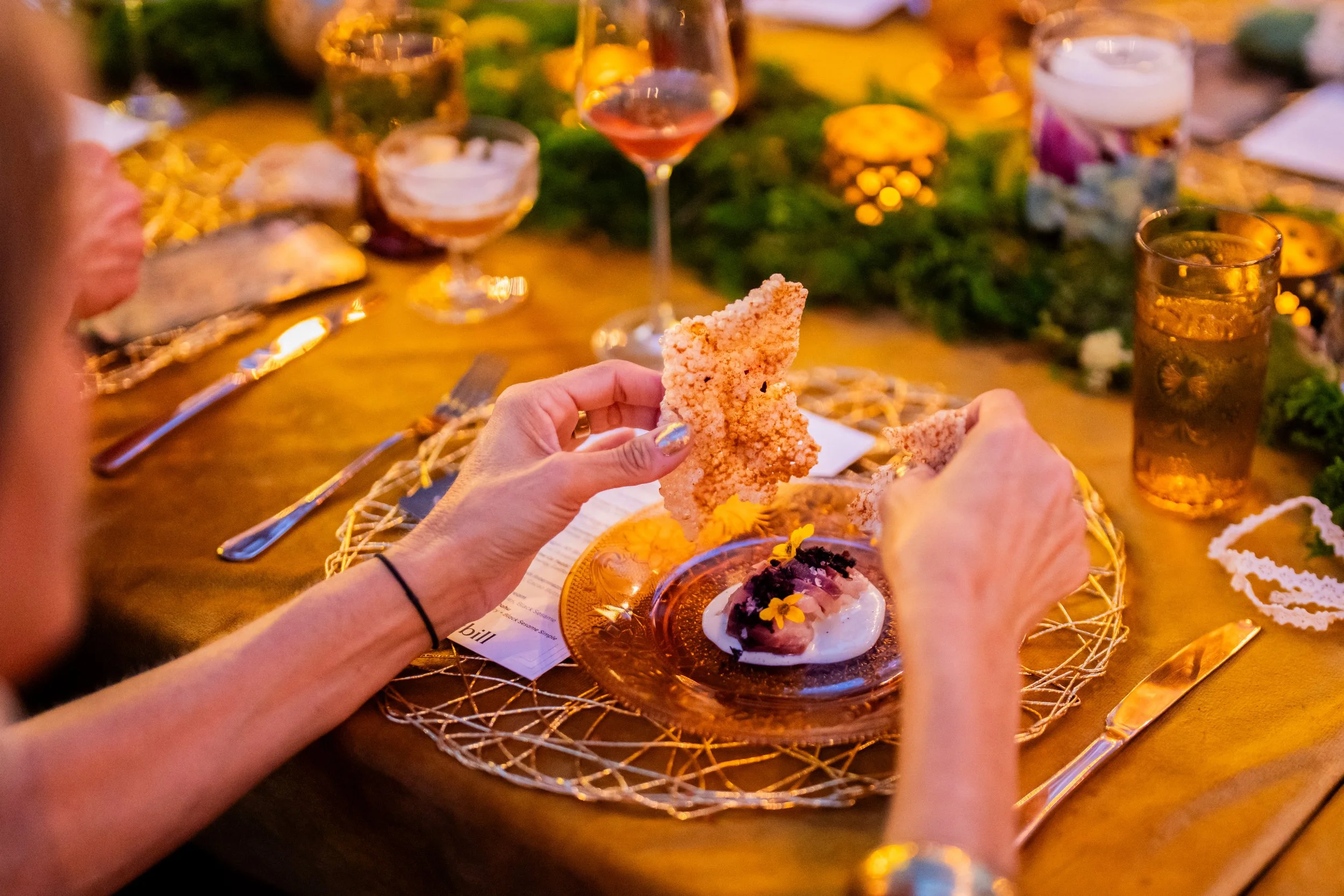 Bordeau Photography. Midnight in the Garden Austin. Hamachi Crudo. Daffodil Tasting Menu. Catering in Austin TX