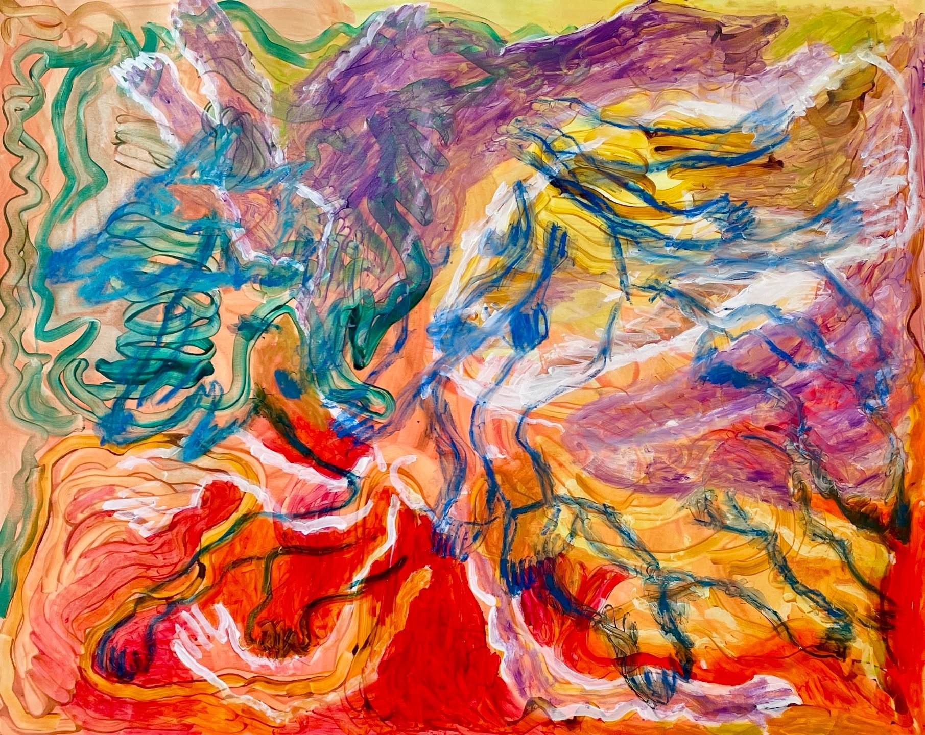 &uuml;bergang * 2025 * 120 x 150 cm * Pigmente, Tempera, Tusche, &Ouml;l auf Leinen #contemporarypaintings #semiabstractpainting #wolfshybrid #vibrantcolors #dynamicpainting