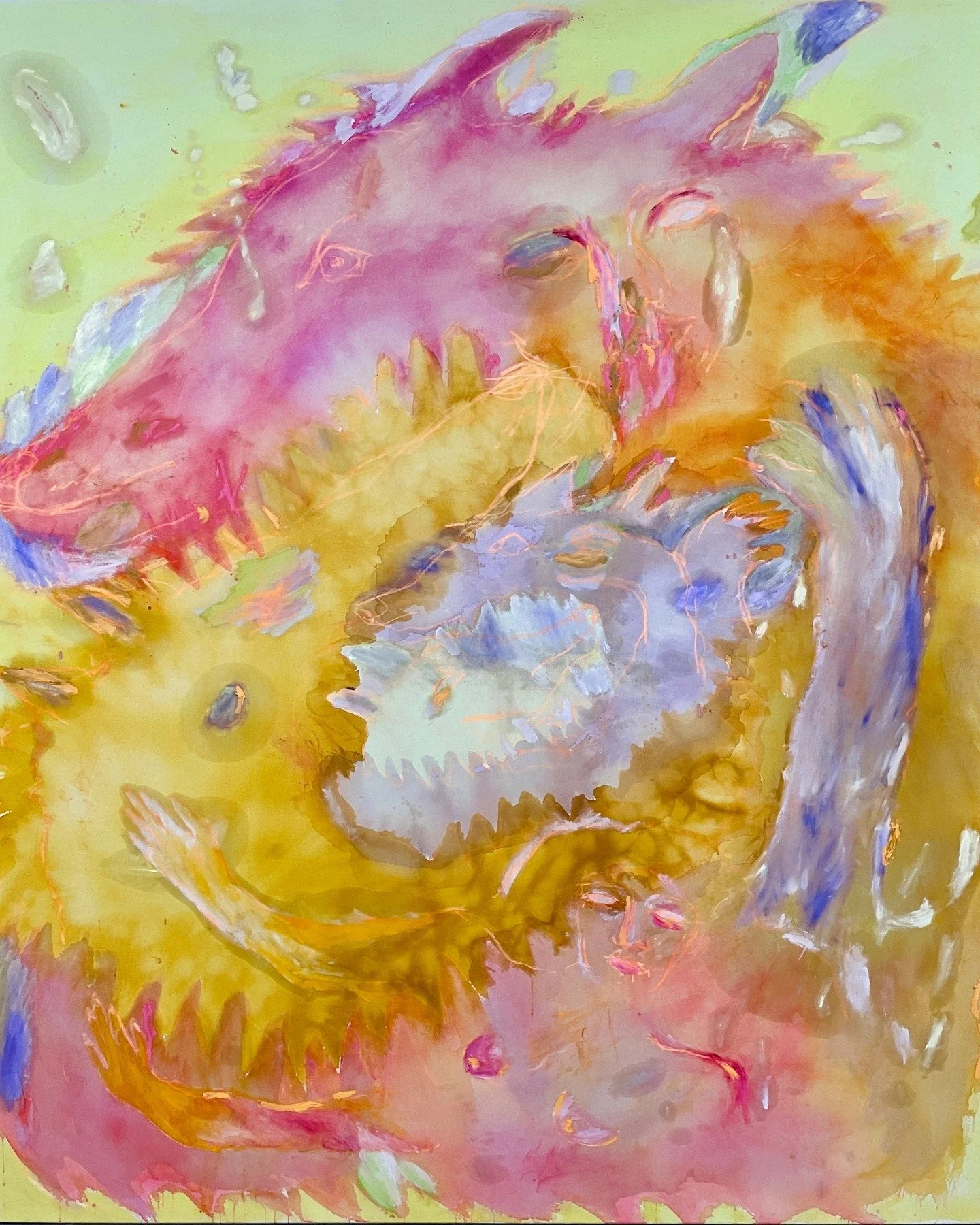 &bdquo;Becoming&ldquo; * 230 x 200 cm. &Ouml;l, Tusche, Pastellkreide auf Baumwolle. Ich arbeite seit zwei Wochen an diesem Giganten. Prozess so far. #contemporarypainting #symbolismart #colorfieldpainting #surrealismart #expressiveart