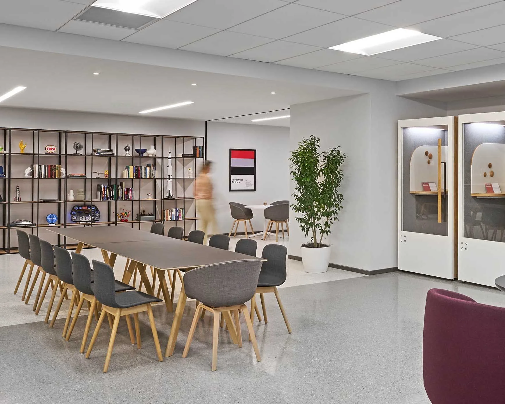 Northstar Center hybrid workspace with bookshelves.