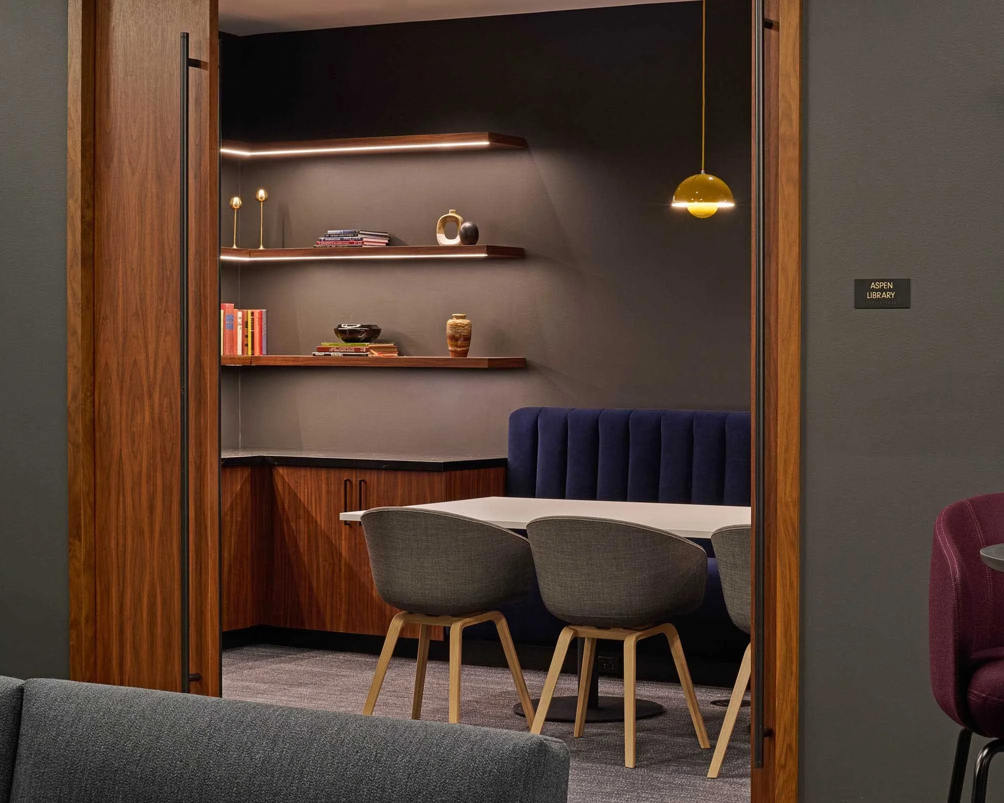 Cozy work nook with shelving and seating at Northstar Center.
