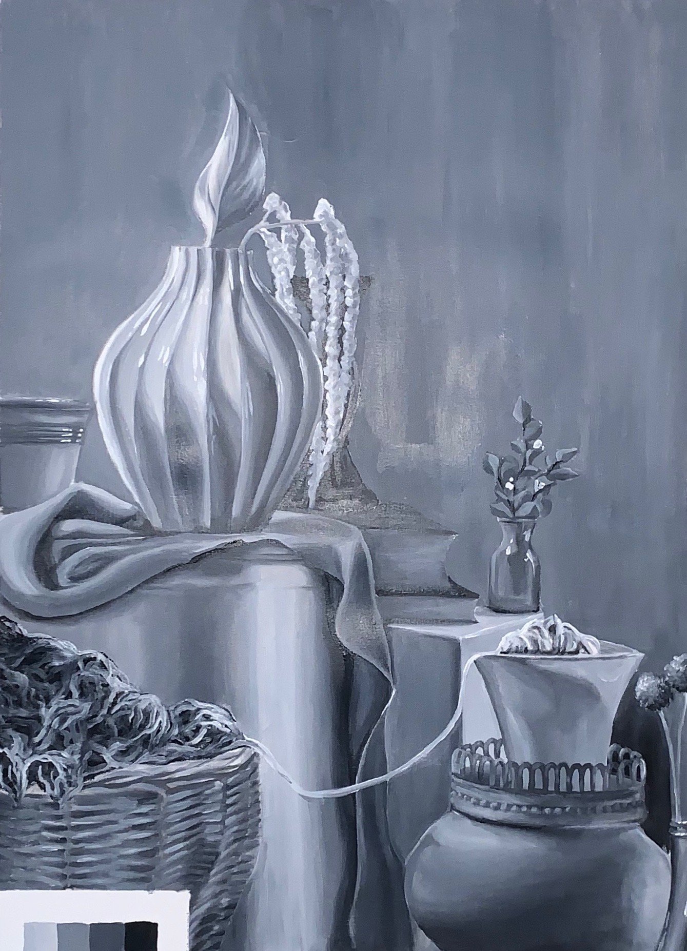 Still Life in Grey (2021) Oil on Paper, 30" x 22"