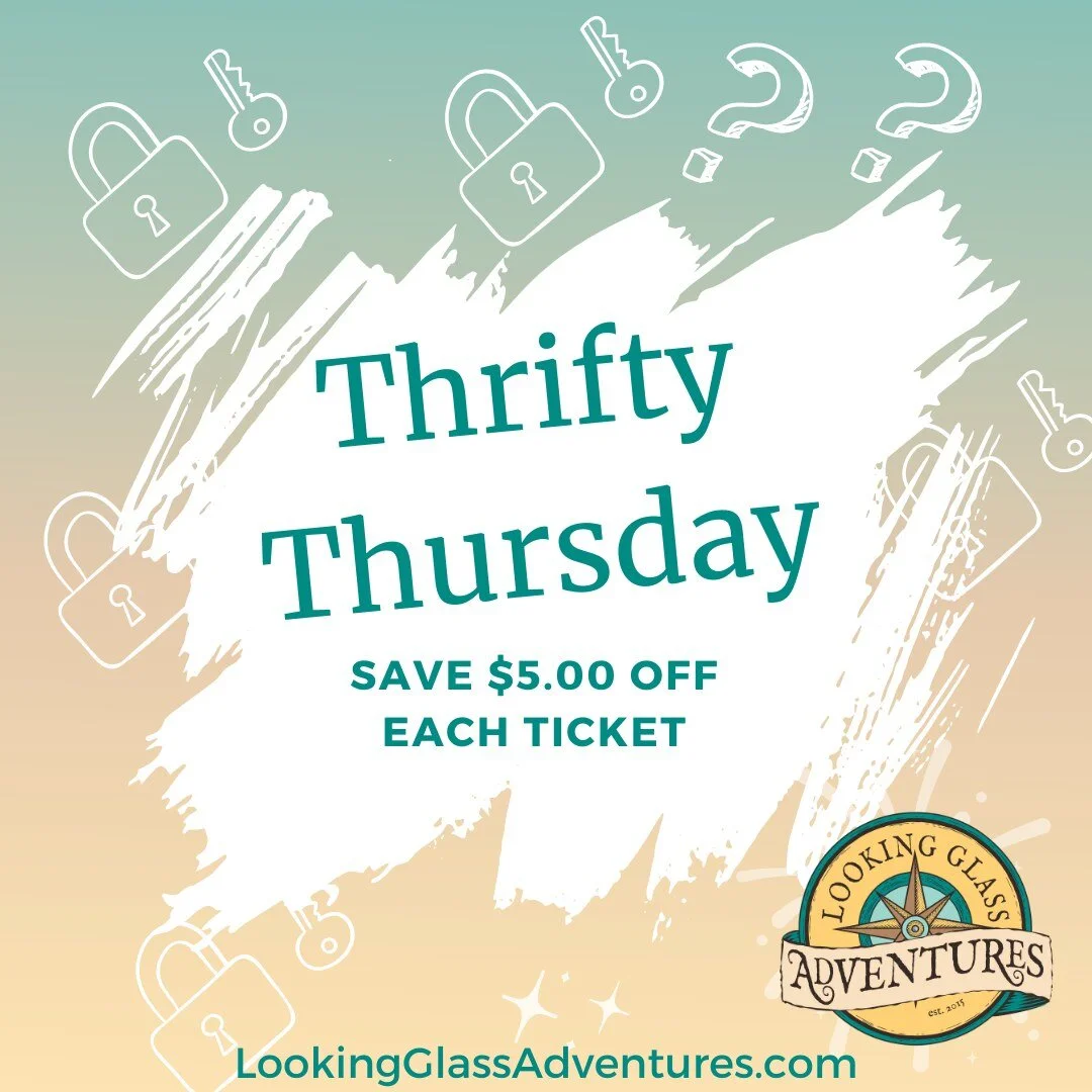 🌟 Thrifty Thursday Special! 🌟

Hey there, escape room friends! 🎉 Today's the day to grab an amazing deal you won't want to miss!

Join us for some afternoon and evening adventures with our captivating escape games starting at 3:45 pm and beyond. A