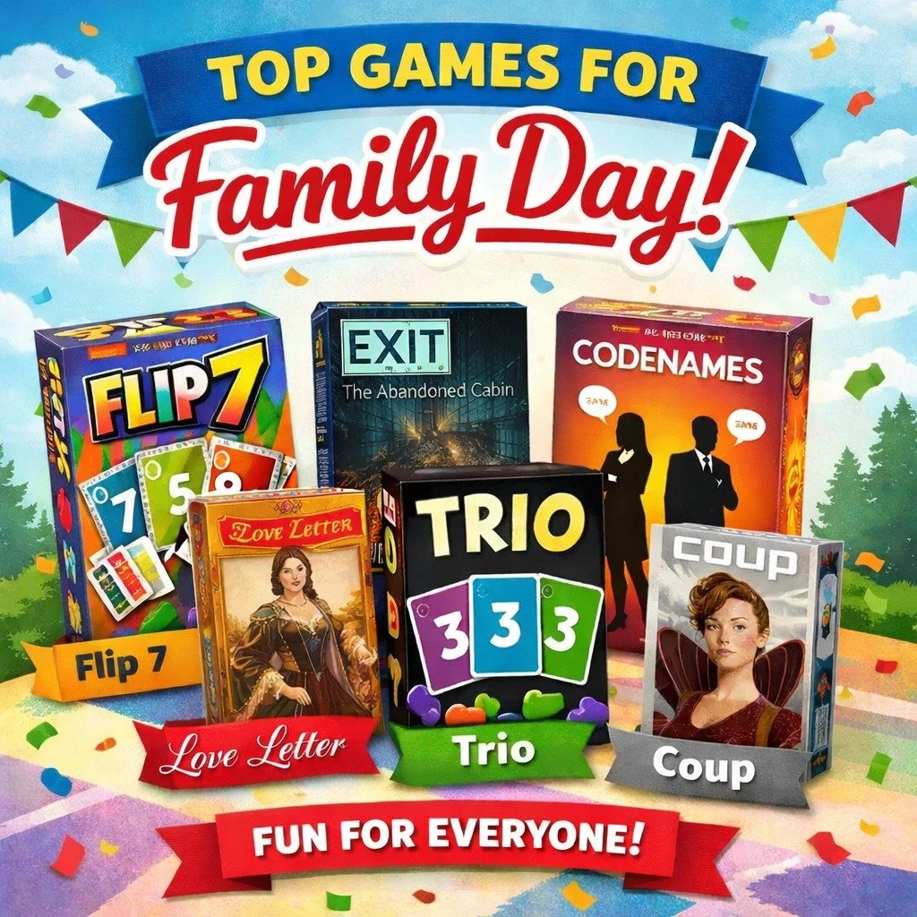 Looking to keep busy with the Family today? 🎉

Here is something easy, screen-free,and actually fun for everyone!

These are our top picks:
✨ Flip 7
💌 Love Letter
🕵️ Codenames
🎭 Coup
🧩 EXIT games

Quick to learn. Great for mixed ages. Perfect fo