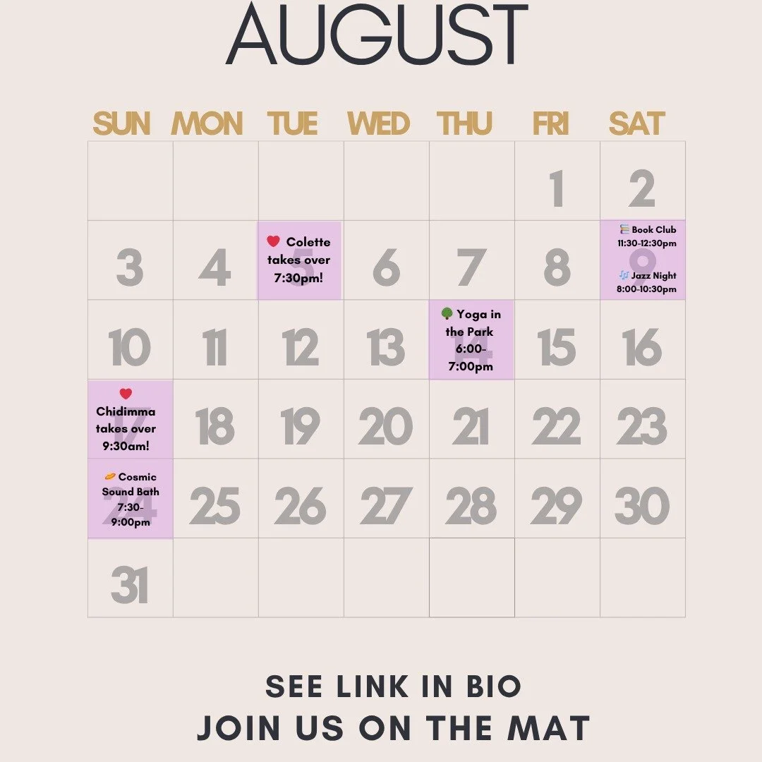 What's going on in August 🧉

❤️ @coco.abbink takes over Restorative
Tuesday's 7:30-8:30pm
Starts Aug 5th

📚 Book Club
Saturday, Aug. 9th
11:30-12:30pm
Vote on our next choice

🎶 Jazz Night
Saturday, Aug. 9th
8:00-10:30pm
Listen with us!

🌳 Yoga i