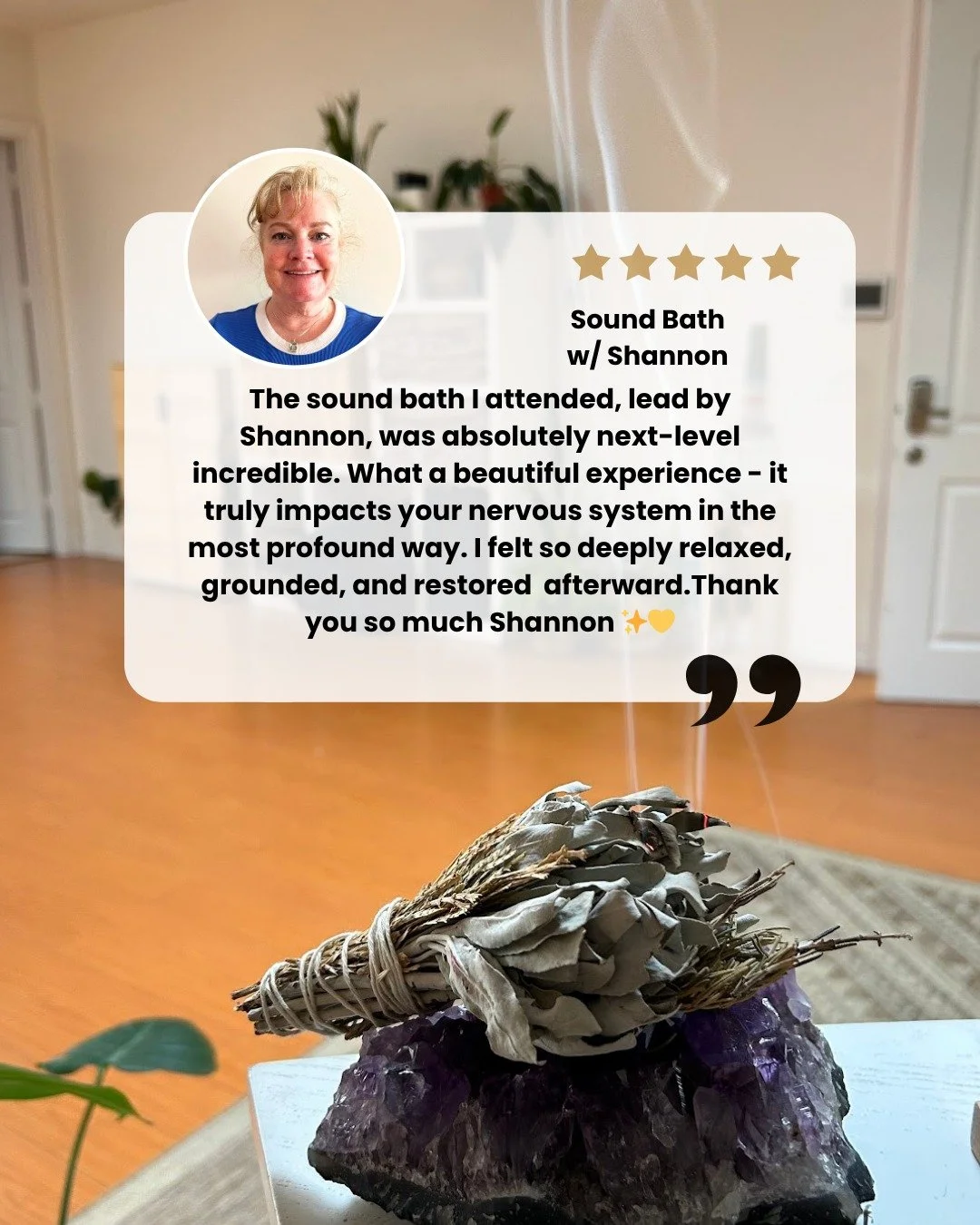Thanks for another  5⭐️ review with  Shannon @all.things.fairy 🧚🏻 

"The sound bath I attended, lead by Shannon, was absolutely next-level incredible. What a beautiful experience - it truly impacts your nervous system in the most profound way.