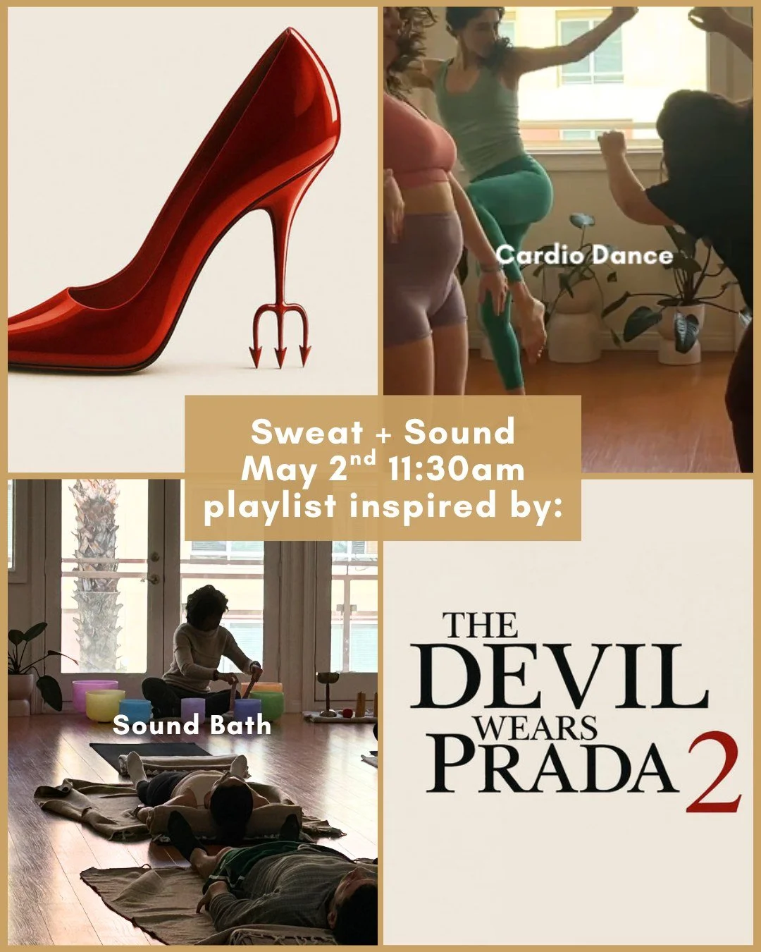 👠Leave your stilettos at home and grab your water bottle 💧instead. 
Join Sara for a high-energy cardio dance class alongside a kick-a** playlist inspired by The Devil Wears Prada movie 🍿 followed by a sound bath to leave your sweat  on the mat. 
D