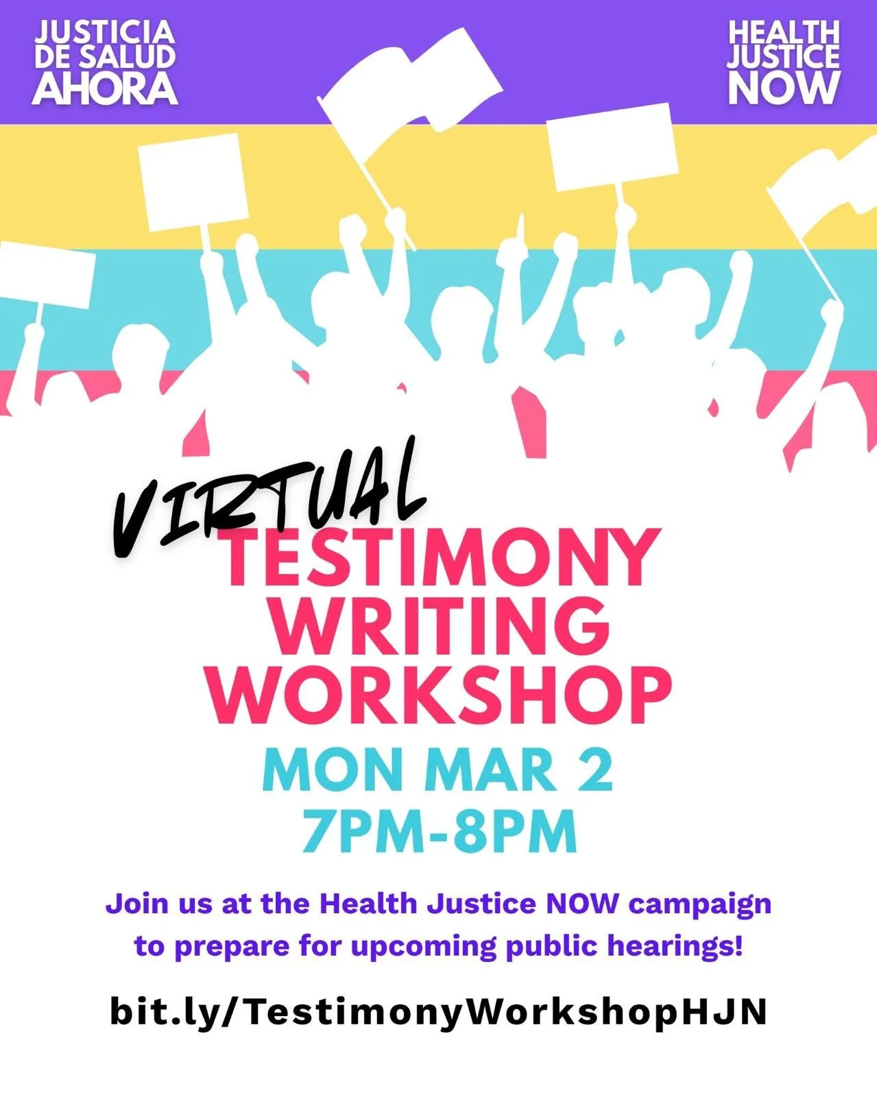 Your story can move policy.

Join the #HealthJusticeNOW Campaign's virtual Testimony Writing Workshop on Monday, March 2nd, from 7 pm to 8 pm to get support crafting powerful testimony for upcoming public hearings with the Health Justice NOW campaign