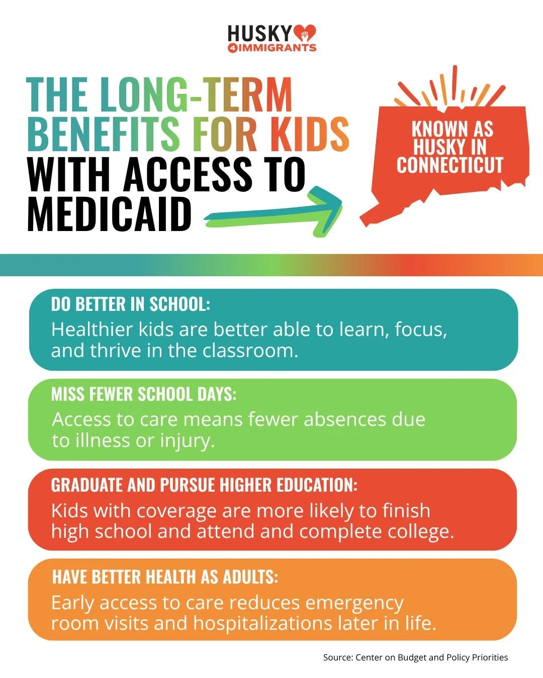 HUSKY is the name of Connecticut&rsquo;s Medicaid program.

With federal Medicaid funding at risk, Connecticut must step up to protect HUSKY and ensure every child and family can access care.

HUSKY is more than short-term support. It&rsquo;s a long-