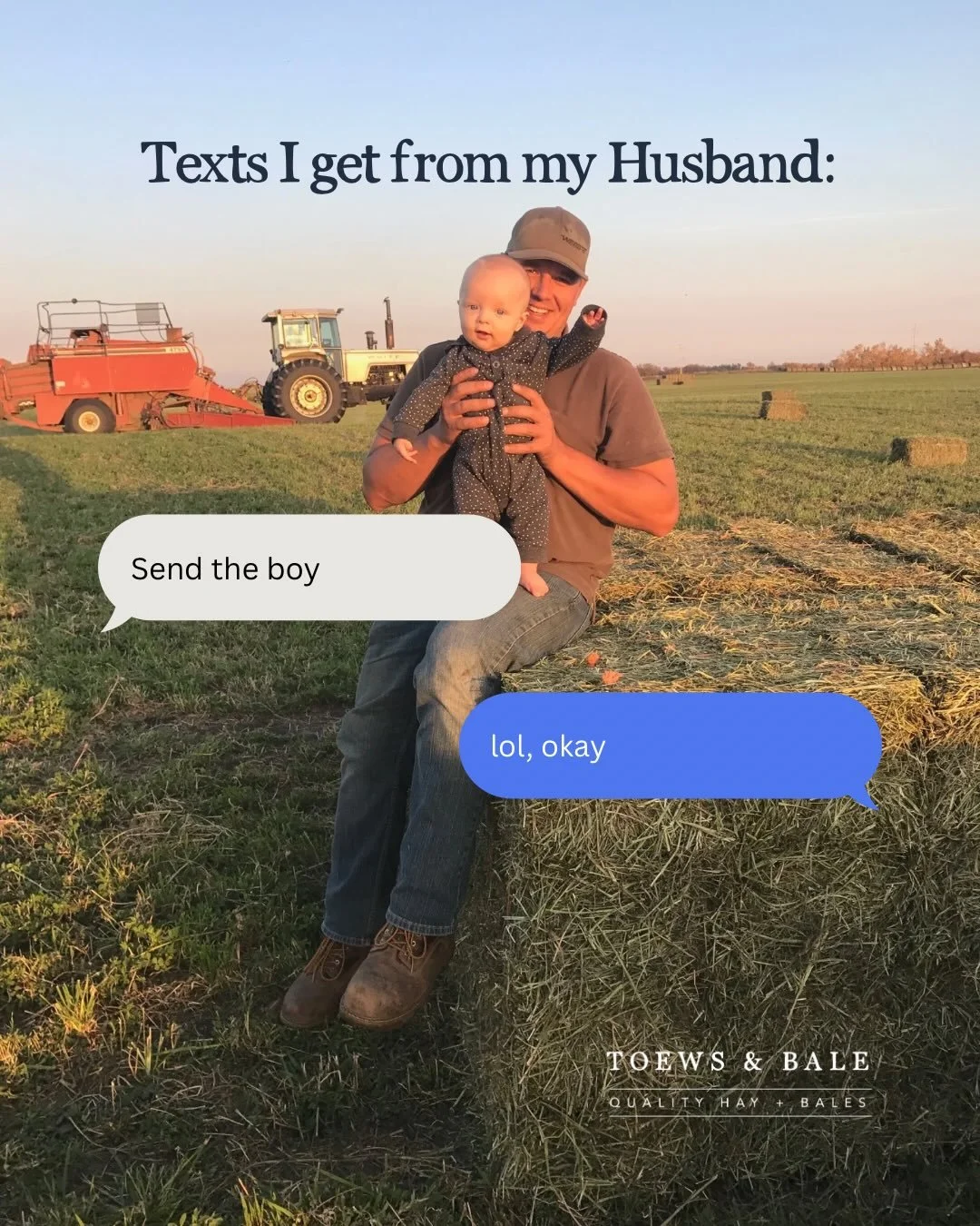 Saw this trend, and thought it was quite fitting 🤣 
Which one is your favourite?? 

IB: @farmwifeatheart 

#Haybales #ToewsAndBale #TextsFromMyHubby #FunnyFarmTrend #FarmerLife