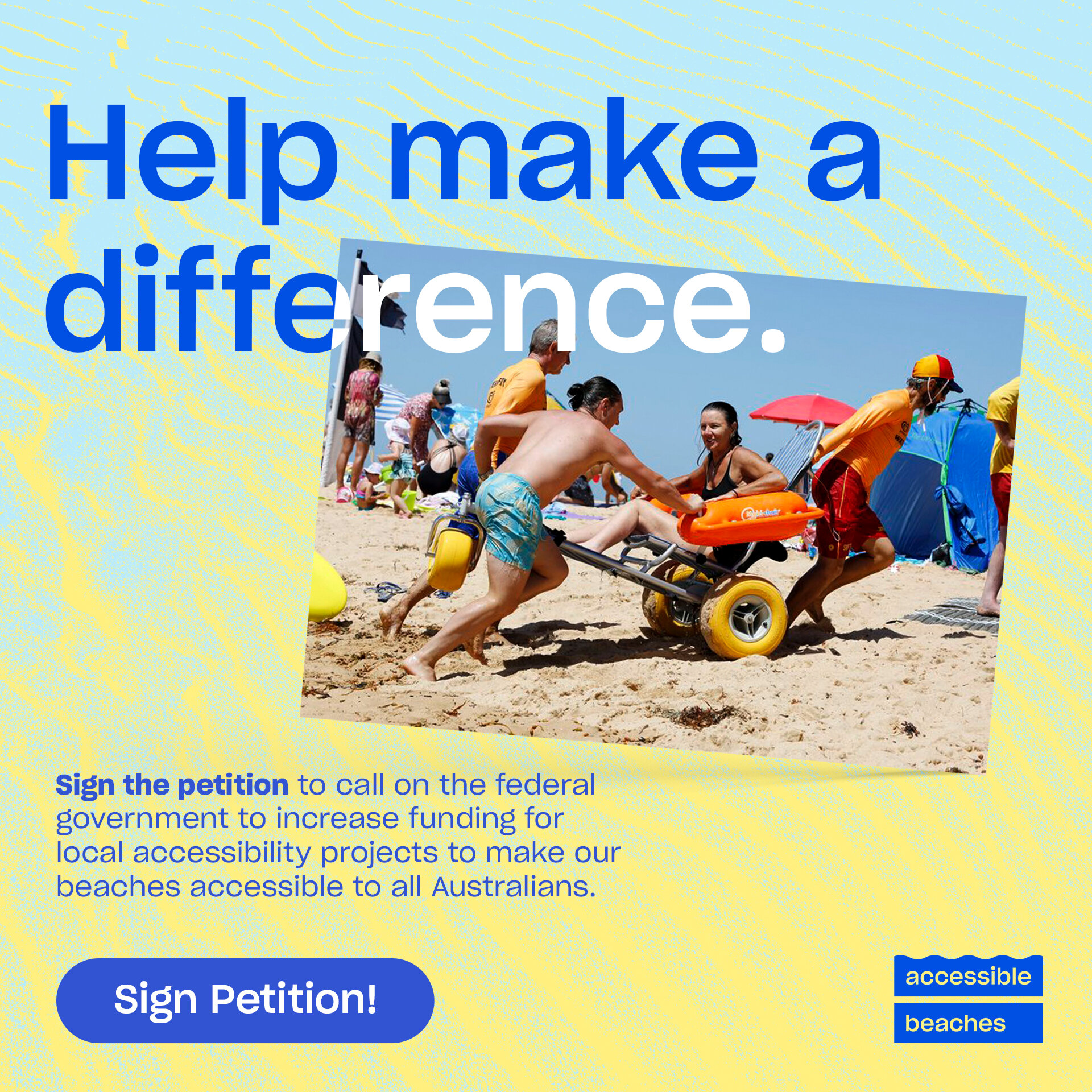 Accessible Beaches Australia is calling on the government to increase funding for local beach accessibility projects. 🏖️💙
 
Sign the petition to help us make our beaches accessible to Australians of all abilities - Link in our bio!!
 
Visit our web