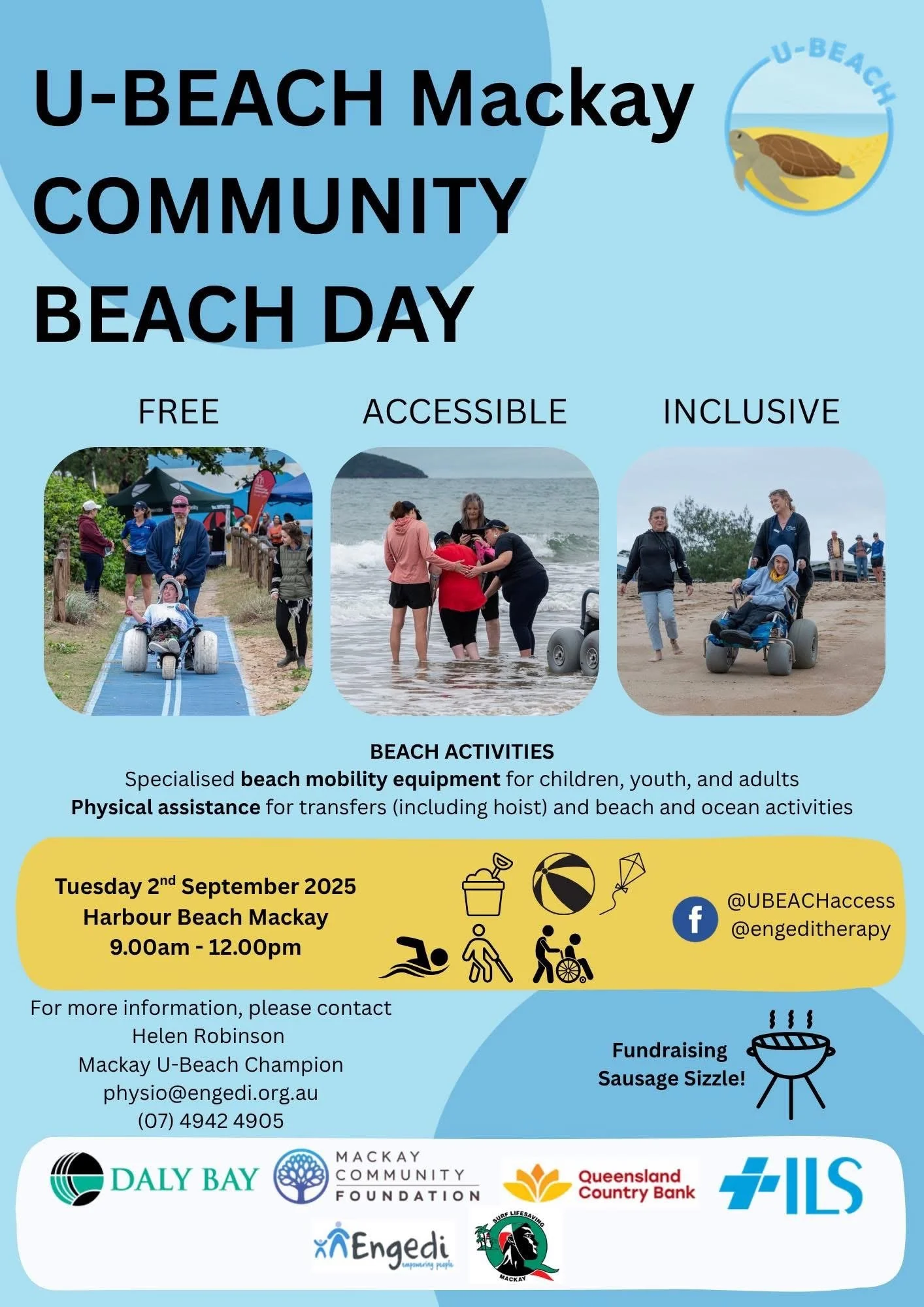 Get along to the U-Beach Community Beach Day in Mackay!

When: Tuesday 2nd September
Where: Harbour Beach, Mackay
Time: 9am - 12pm

There will be plenty of beach access equipment and volunteers to assist you into the water or to just enjoy a roll on 
