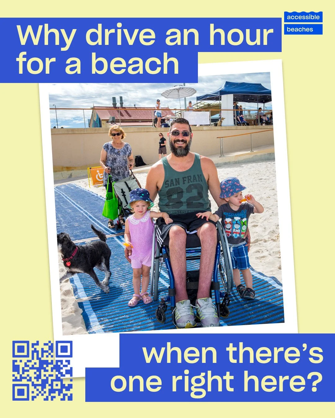 A beach on your doorstep....unless you can't get to it

With your donation, we can:�
&bull; Expand accessible beaches into more local communities�
&bull; Reduce travel barriers for people with mobility needs�
&bull; Ensure every Aussie can enjoy thei
