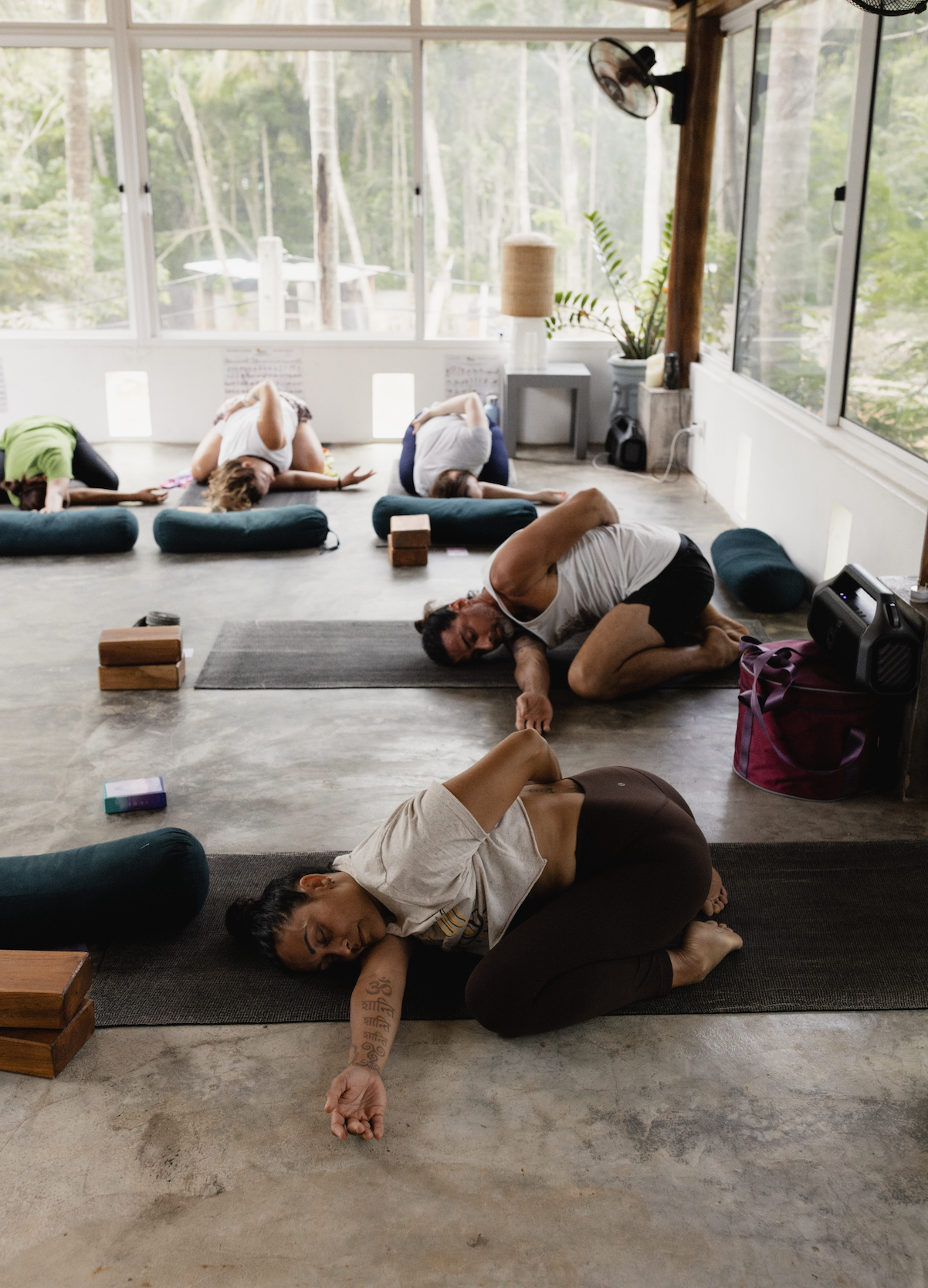 Group of people participating in a yoga class, practicing different poses on yoga mats in a well-lit room with large windows and greenery outside.