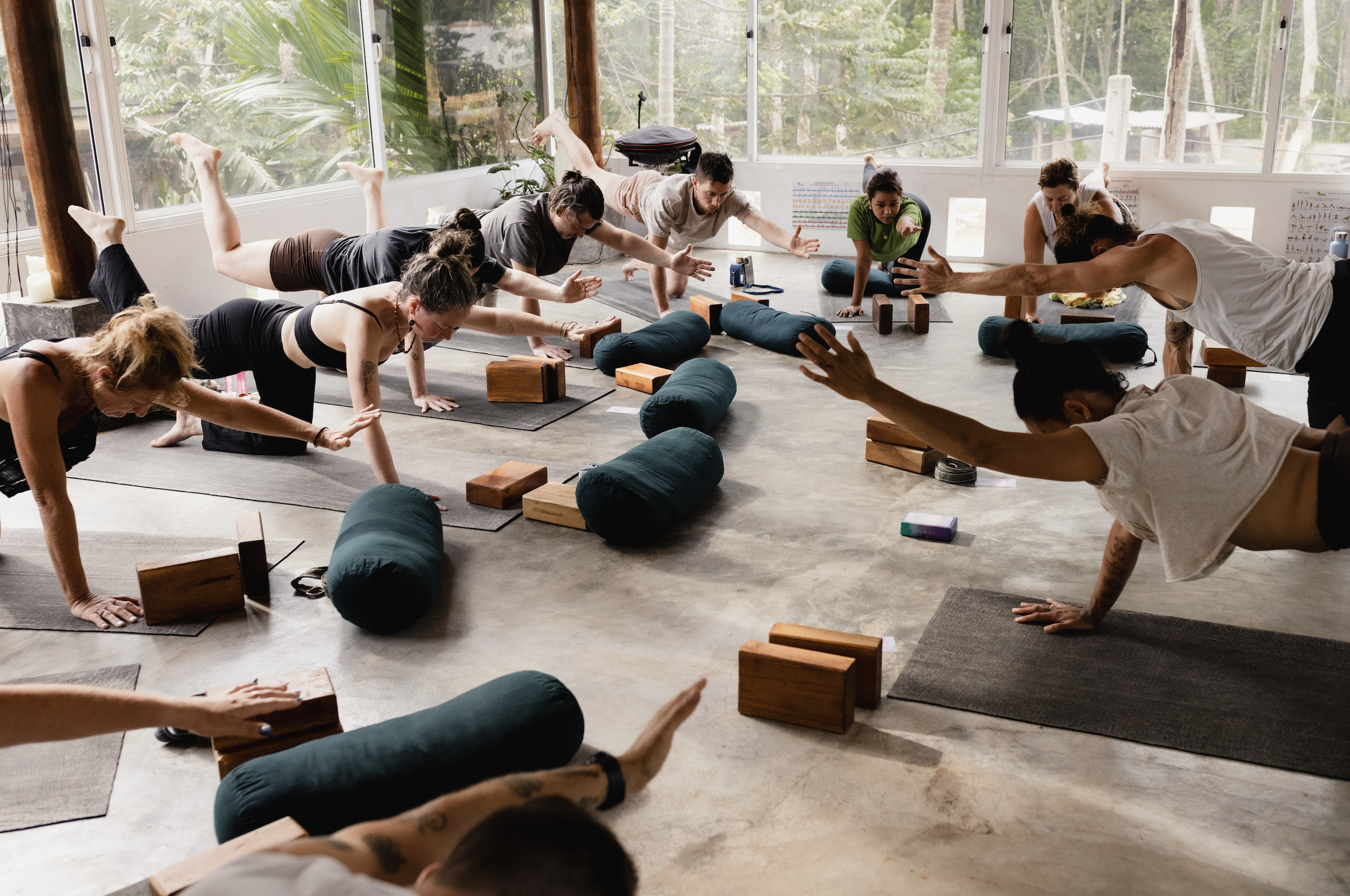 Group of people participating in a yoga class in a bright studio with large windows showing a lush forest outside. They are on yoga mats with props like blocks and bolsters, performing a balancing pose.