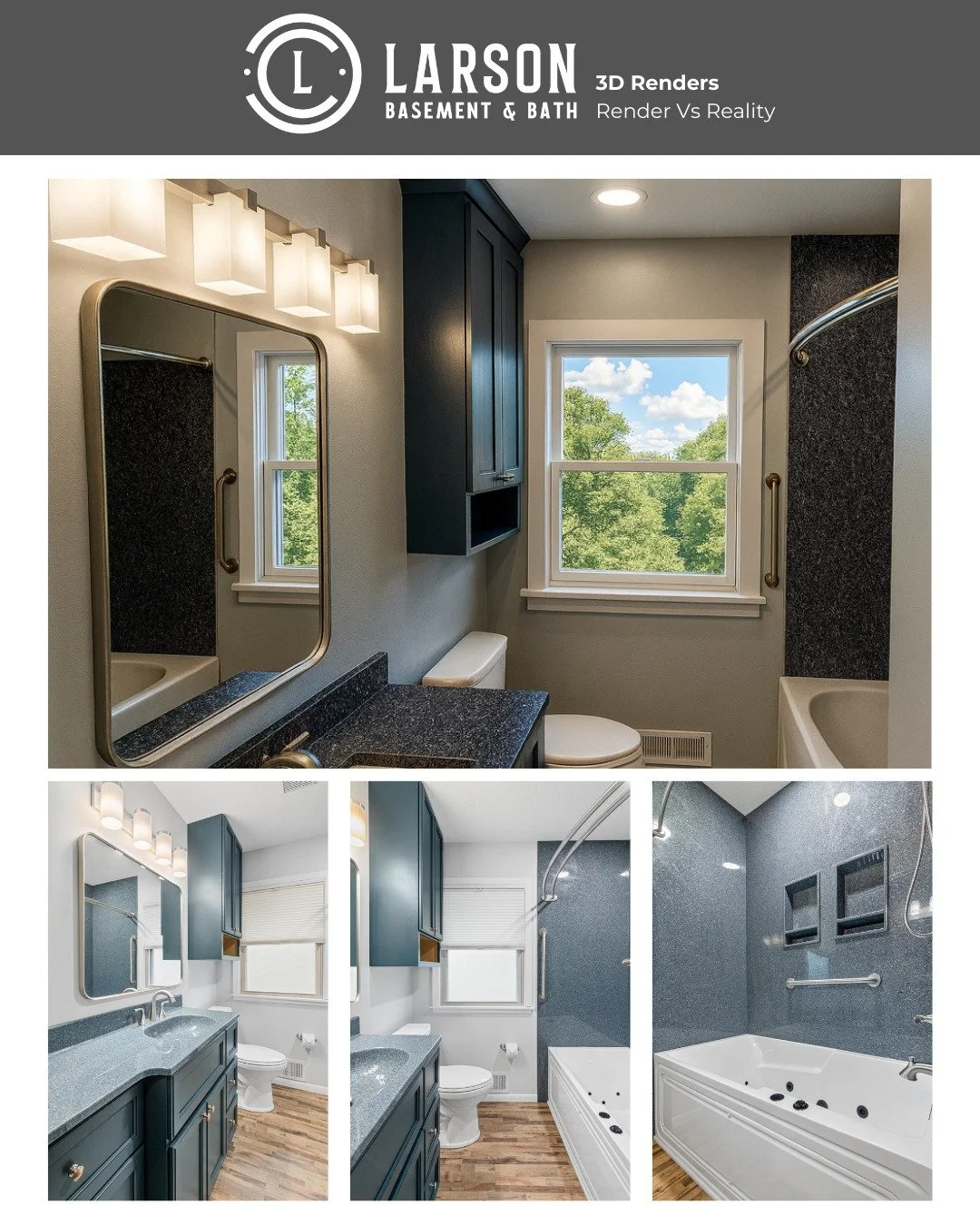 ✨ Render vs. Reality ✨

There&rsquo;s nothing quite like seeing a vision come to life. On the top left: our 3D render. Below and on the right: the finished project.

The best part? Our client got to see exactly how her new bathroom would look before 