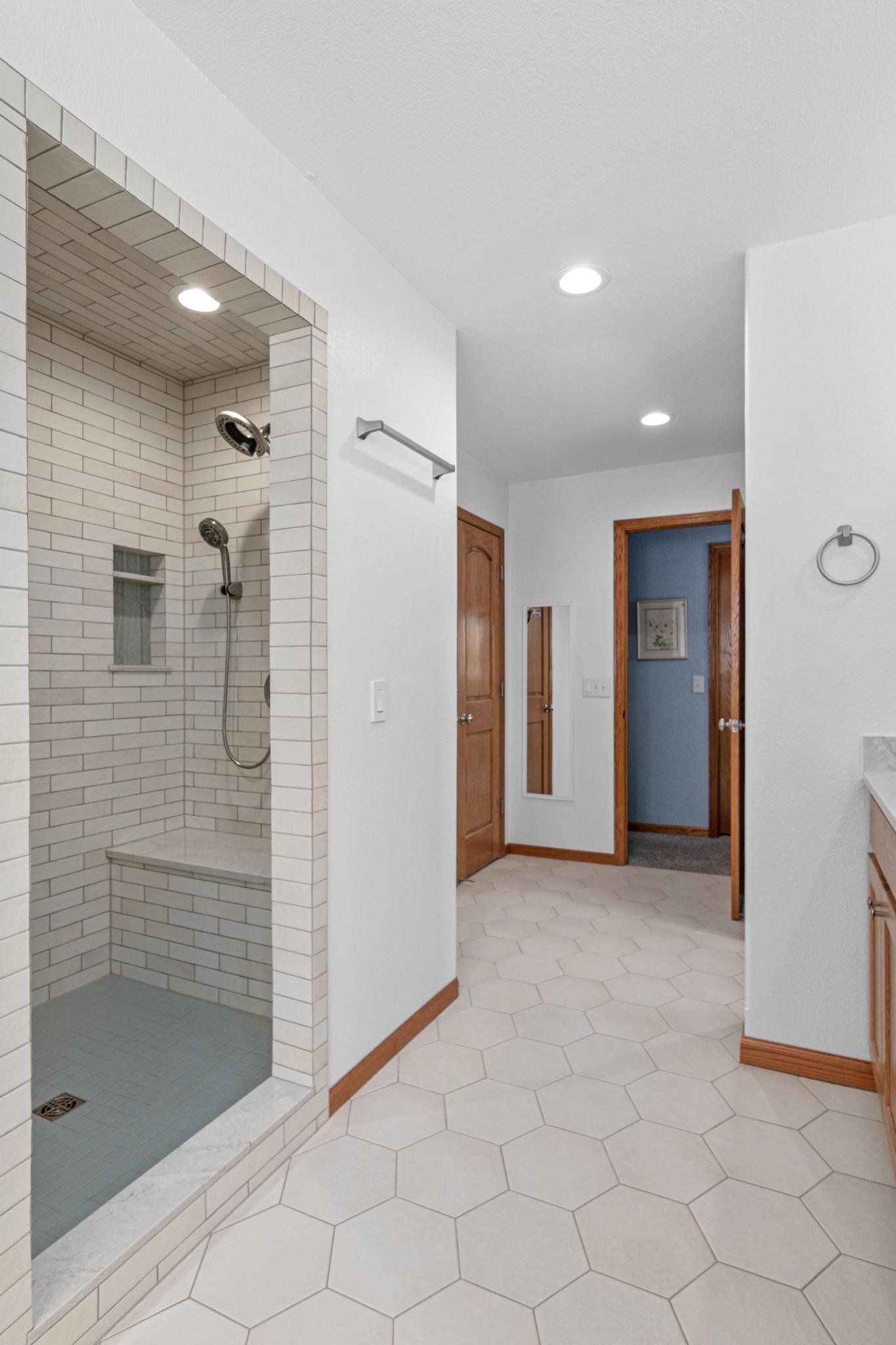 Master bathroom remodel white hex tile freestanding tub custom cabinetry tile shower