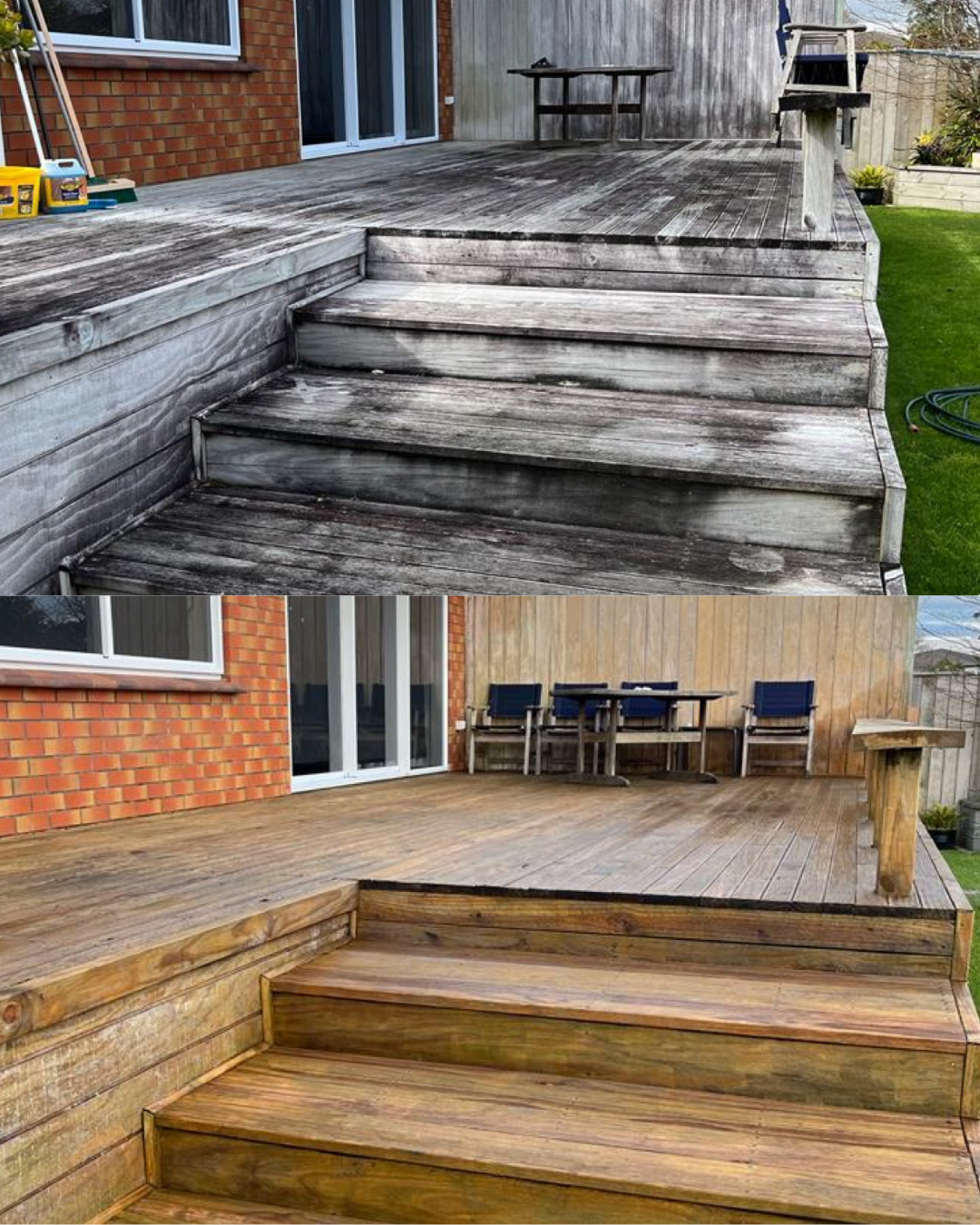 Before and after images of a wooden deck renovation showing the old weathered deck in the top photo and the newly stained and refinished deck in the bottom photo.