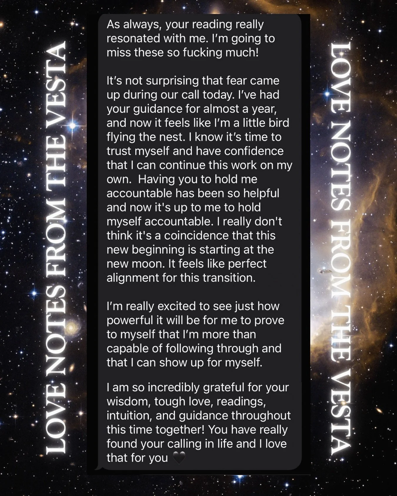 One of my clients just finished The Vesta and I am so damn proud of her. 😭

She grew up in a high-control religion and family where she was basically told who to be, what to believe, how to act. She learned to wear the masks they handed her just to 