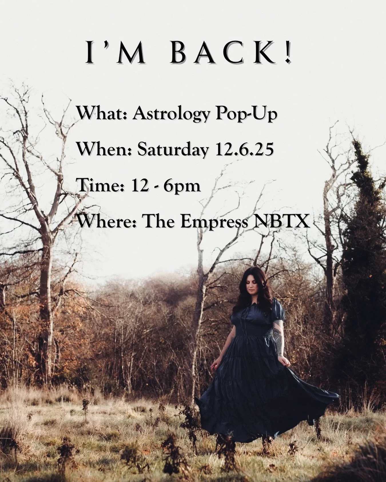 🥳 I&rsquo;m so excited to go back to my favorite witchy shop in all of Texas! 

Come join me at @theempressnbtx THIS SATURDAY from 12-6pm for astrology readings from your favorite Astro Witch - ME! 😜

I&rsquo;ll be doing 20 minute readings, includi