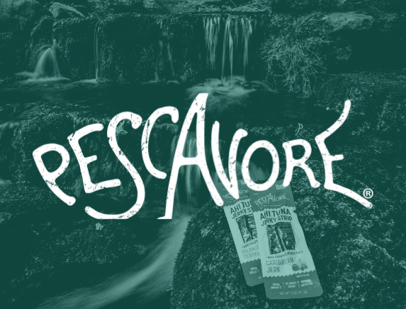 Pescavore logo over a natural waterfall background with packaged ahi tuna jerky sticks.