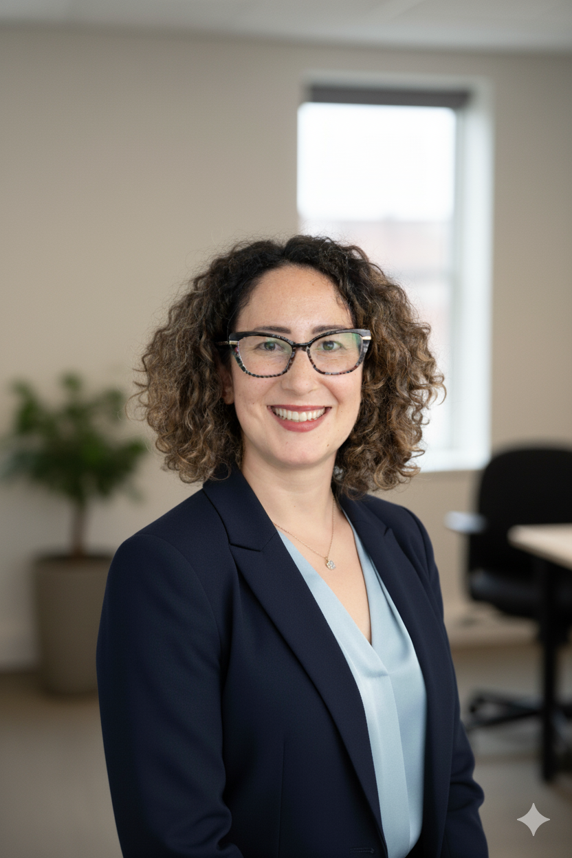 A woman with curly brown hair, glasses, and a navy blazer smiling in an office setting.