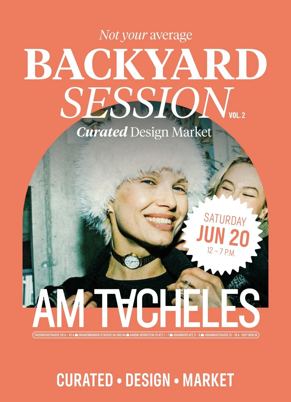 Promotional poster for a curated design market event called 'Backyard Session, Vol. 2' on Saturday, June 20 from 12 to 7 p.m. featuring a smiling woman with a white furry hat.