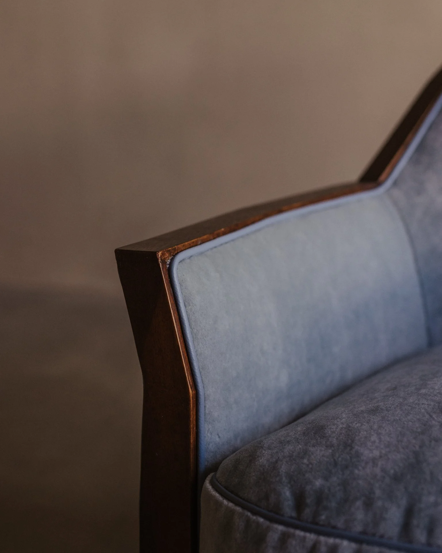 Detail of sculpted faceted wooden armrest, Art Deco armchair 1930
