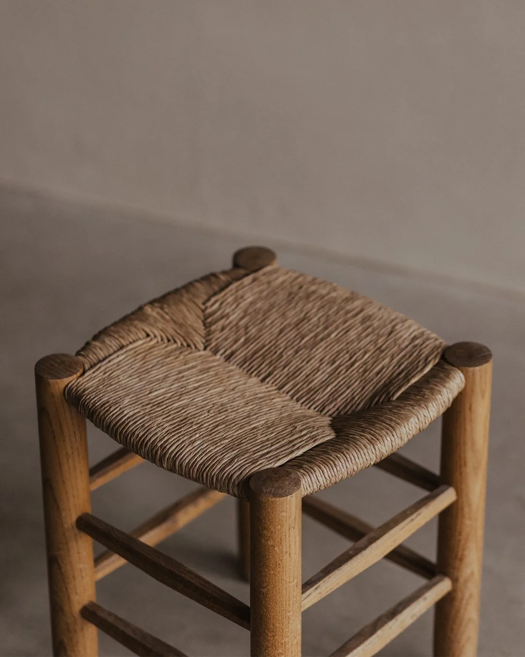 Charlotte Perriand Stool No 17 Avoriaz, woven seat, solid wood, mid-century design.