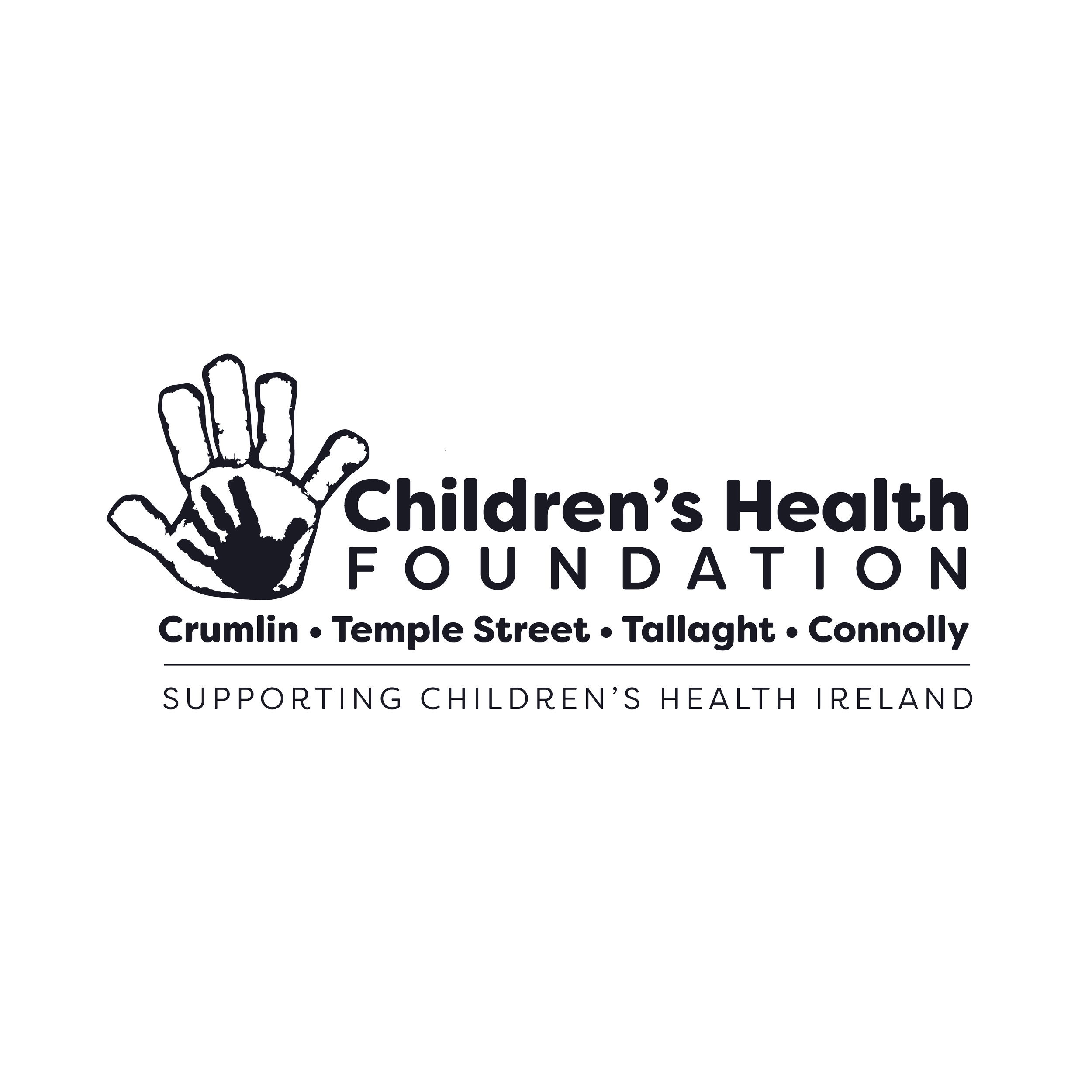 Children's Health Foundation logo featuring a large handprint with smaller handprints inside it, with the text supporting children's health in Ireland.