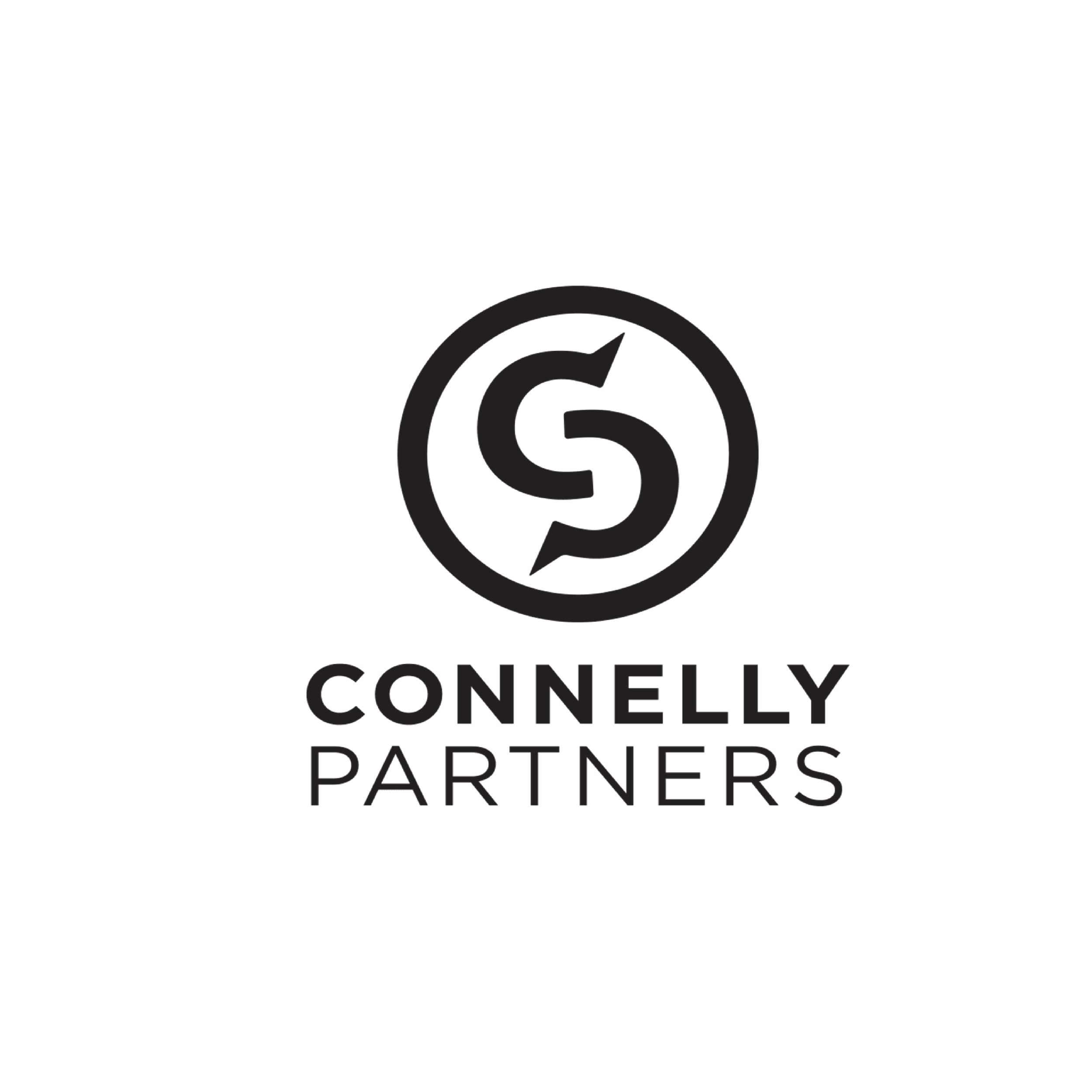 Black logo with a circular emblem containing a stylized S and lightning bolt, with the text 'Connelly Partners' below.