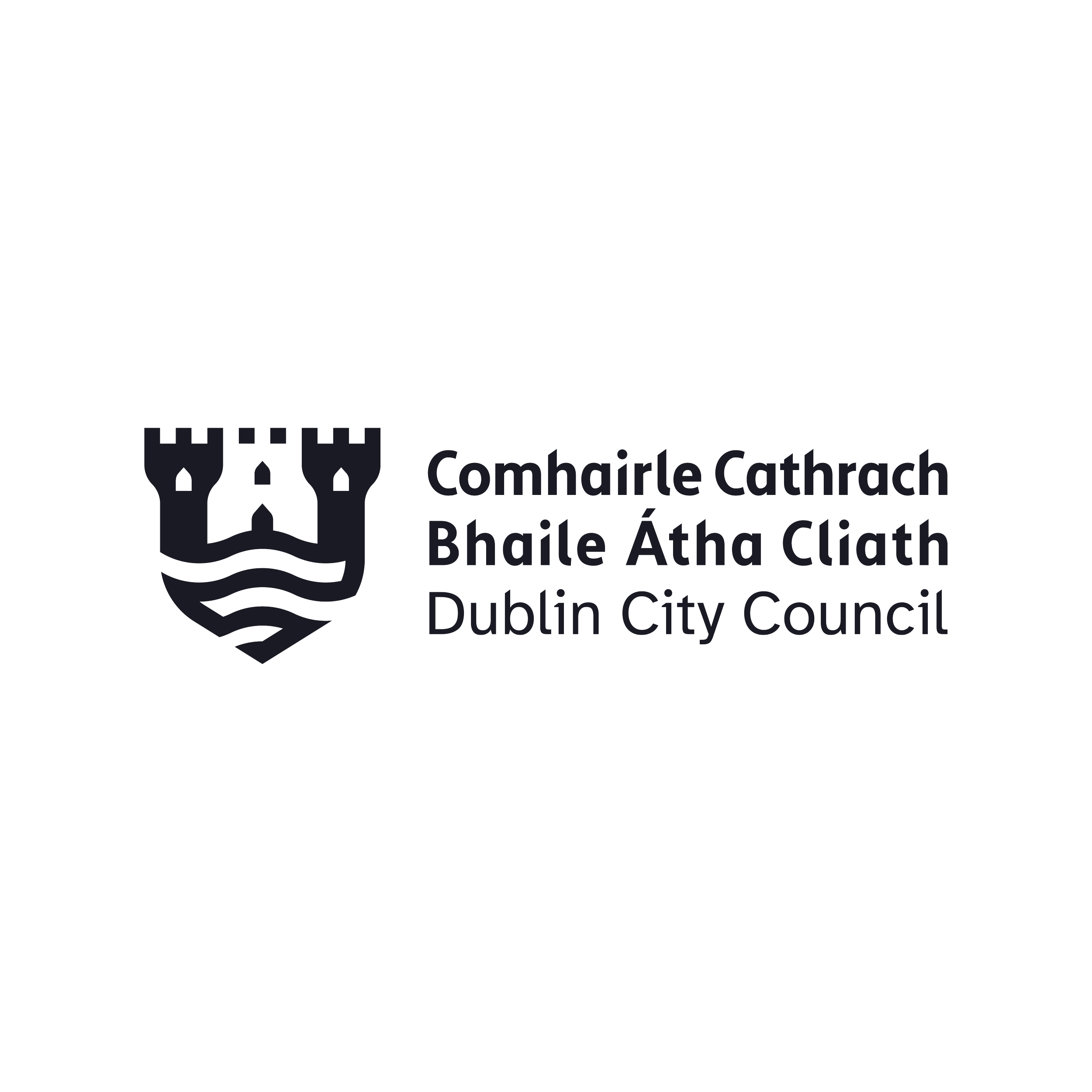 Logo of Dublin City Council with a stylized castle and waves, including the text 'Comhairle Cathrach Bhaile Átha Cliath Dublin City Council'.