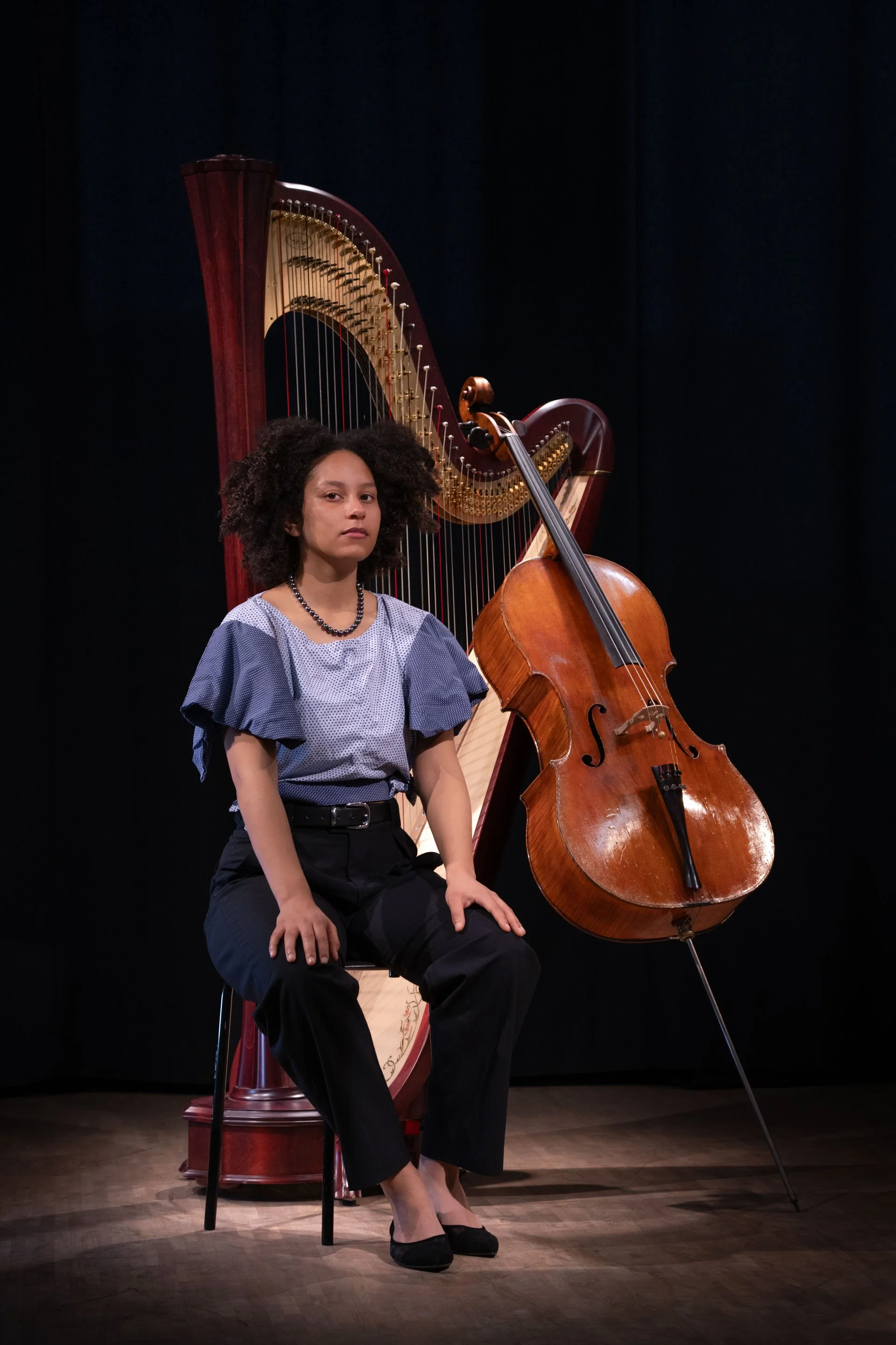 Kameraaufnahme einer professionellen Harphenspielerin und Violonistin in der HKB