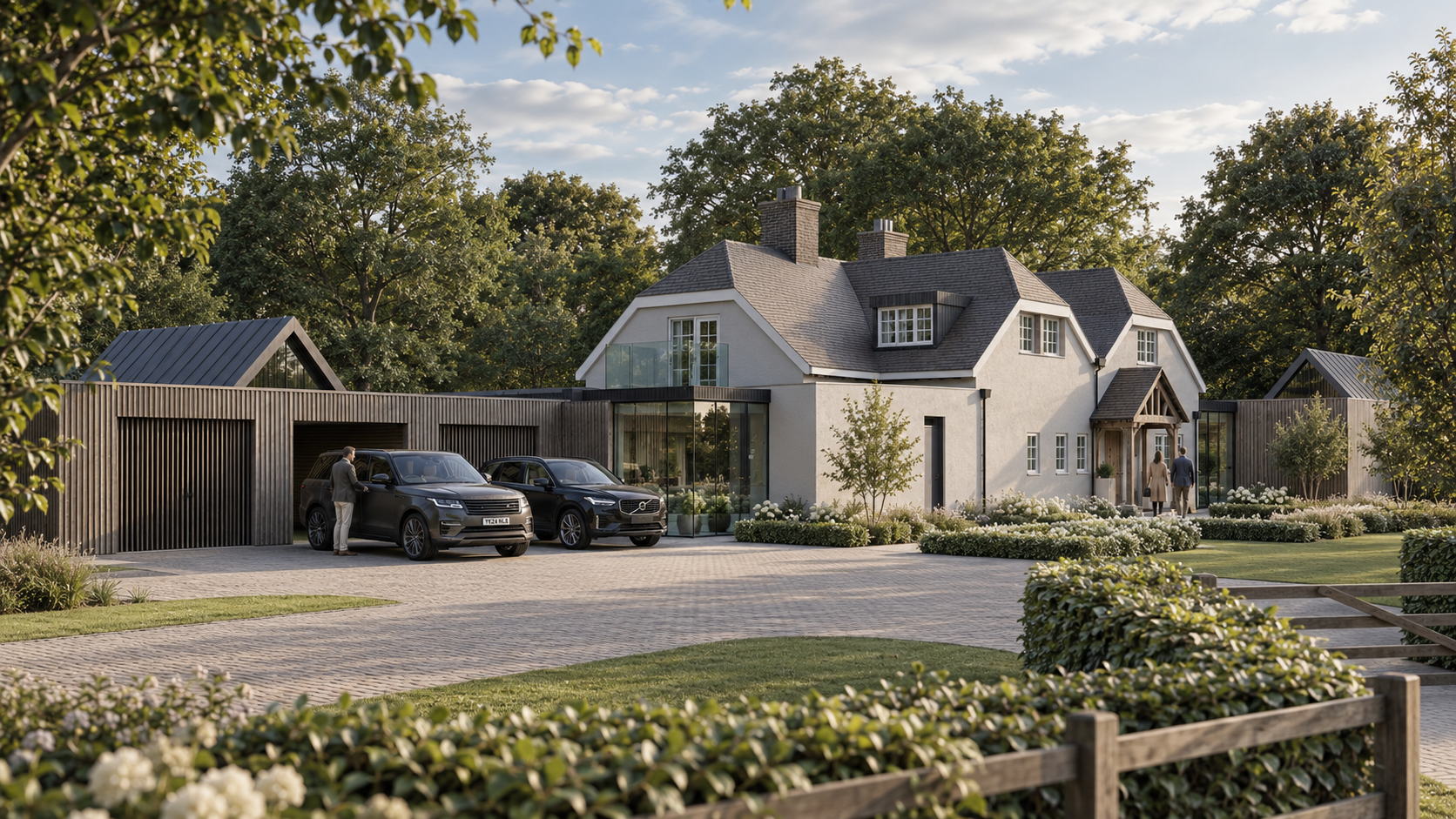 Driveway view of a small new homes development, CGI
