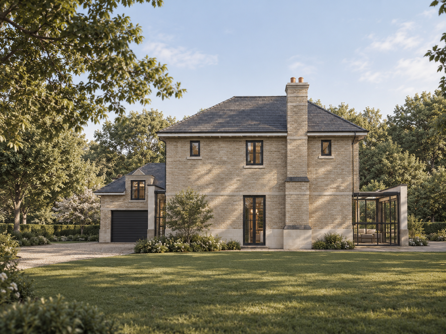 Stone-faced new house design shown in a CGI