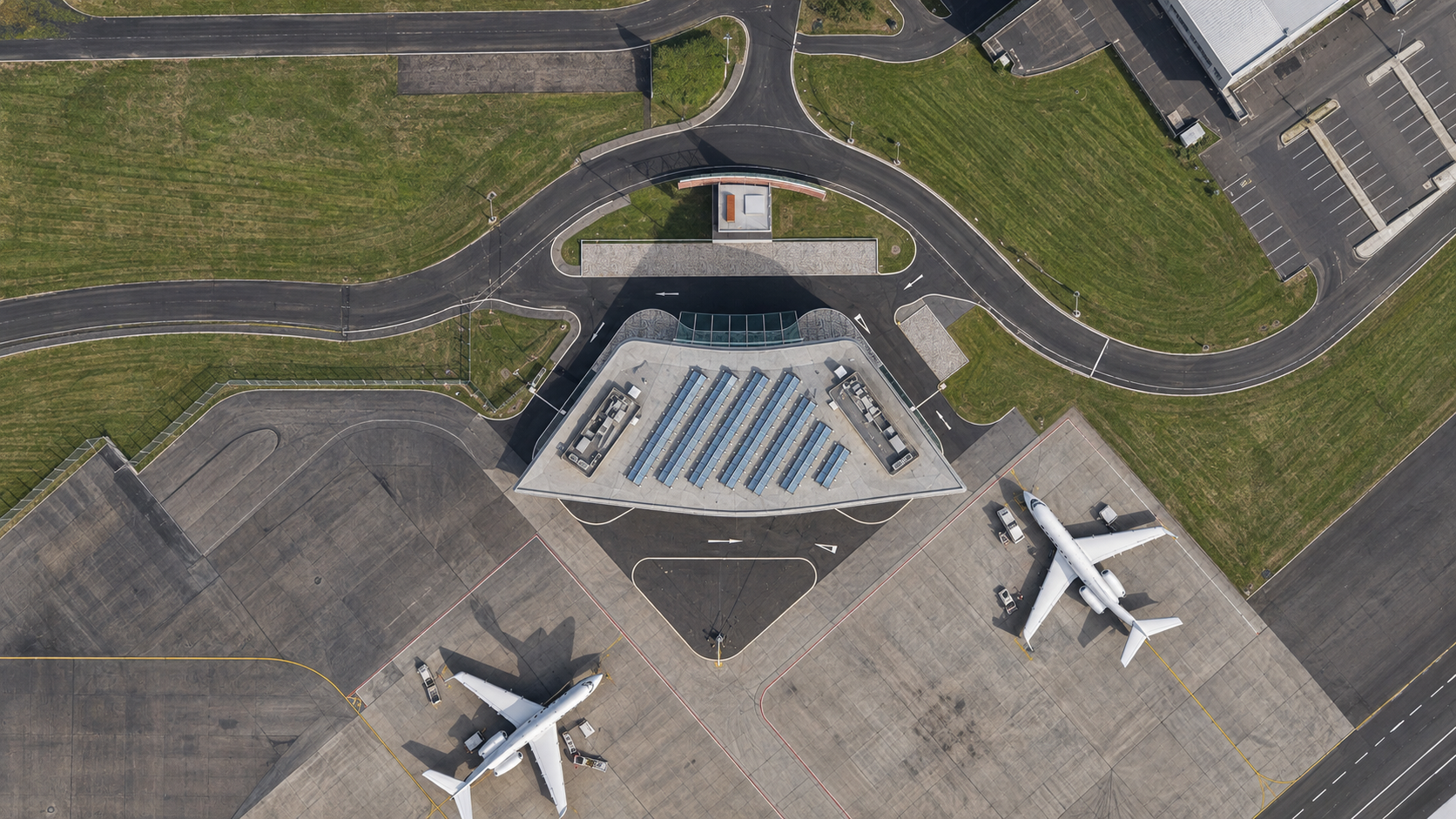 Aerial CGI of the Flexjet FBO terminal and apron at Farnborough Airport