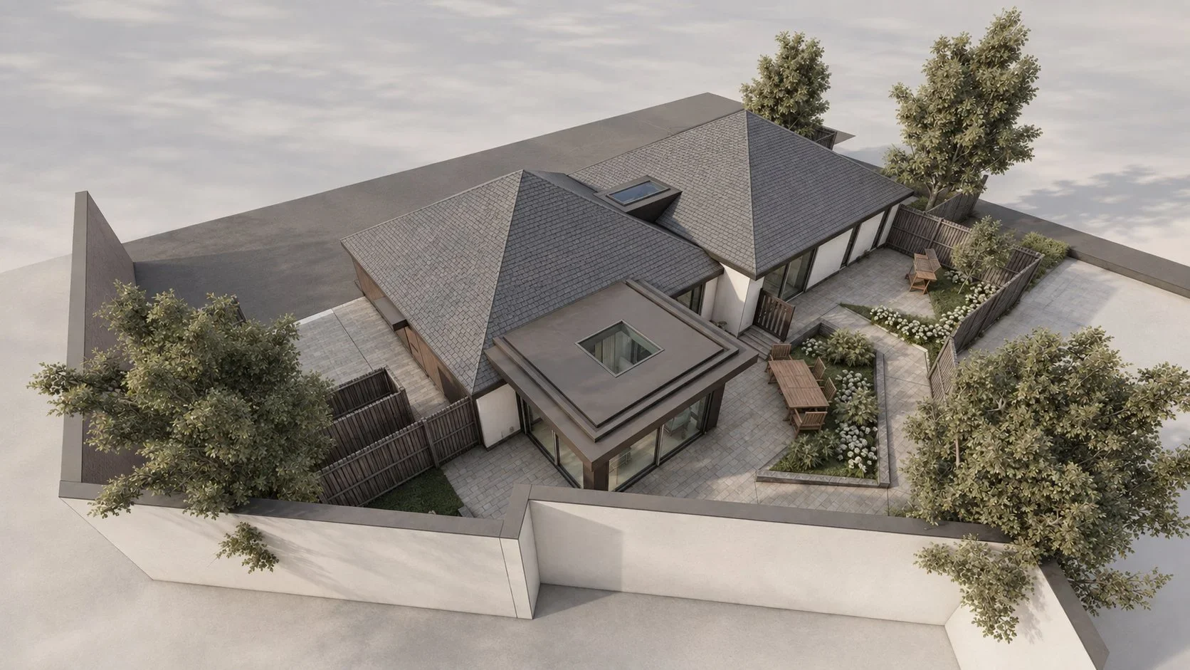 3D aerial of the accessible bungalow conversion and garden room in Guildford, Surrey