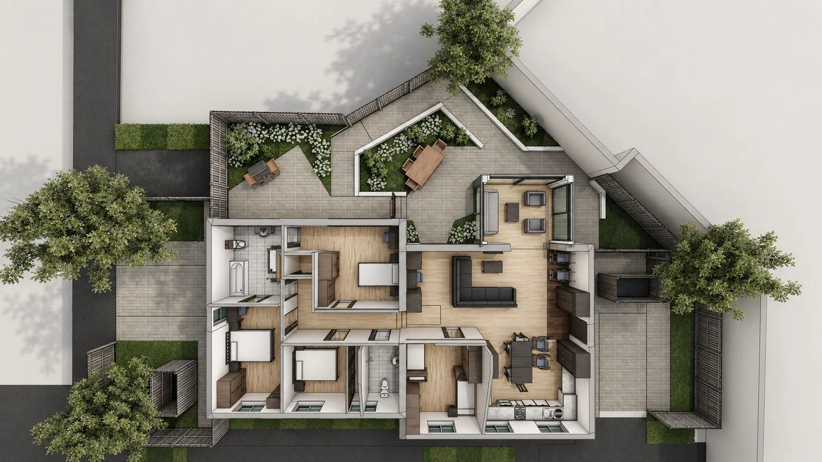 Cutaway plan of the wheelchair-accessible bungalow layout in Guildford