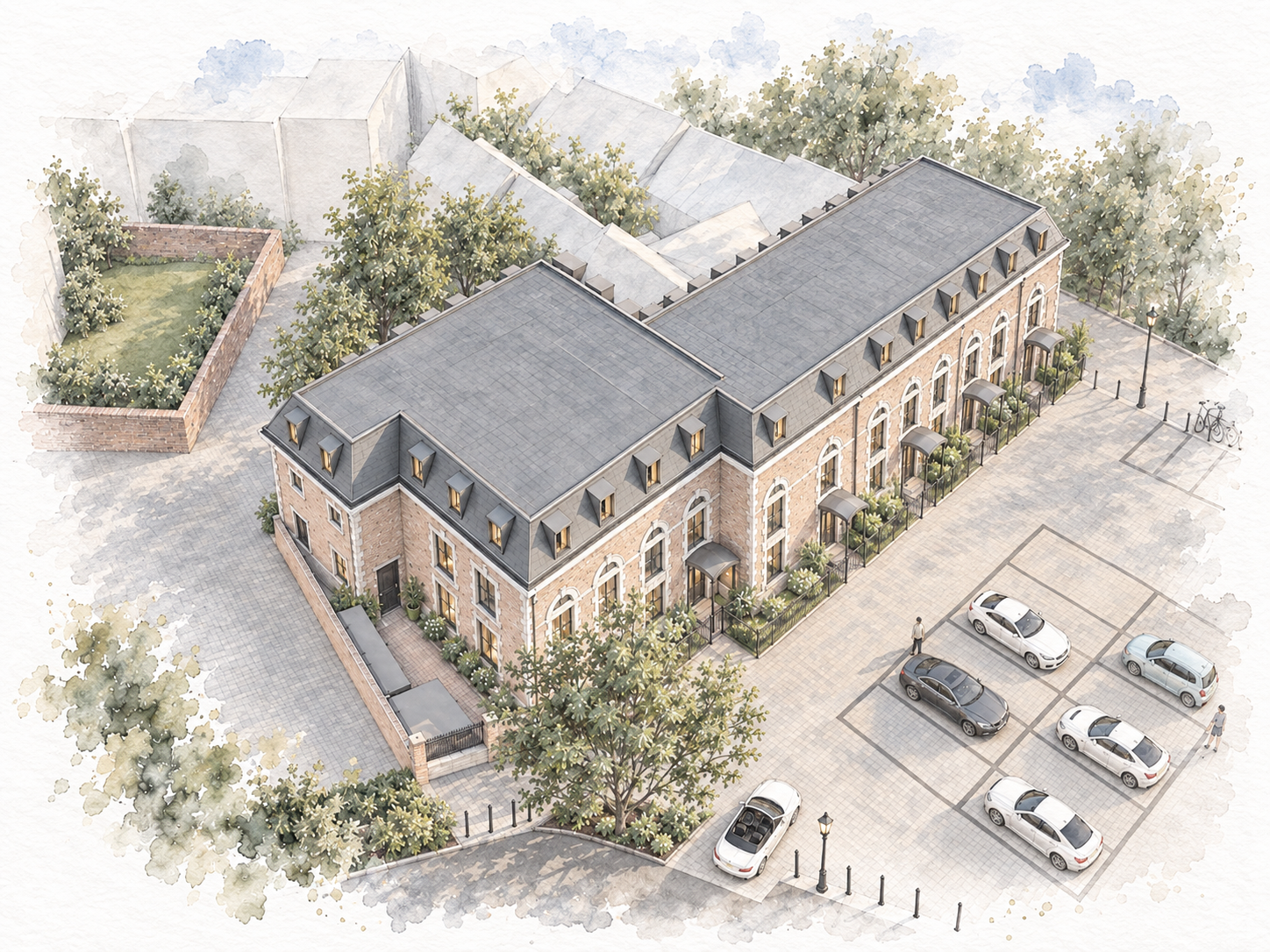 Aerial hand sketch of the Brotherhood townhouse scheme, Rugby