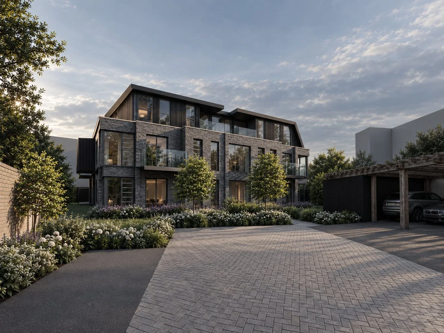 Aerial CGI of Ryecroft Gardens apartments and covered parking