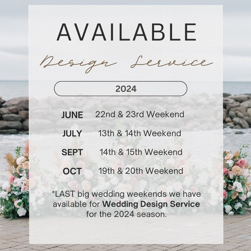 ATTN: 2024 Couples! ✨
We have 4 BIG wedding weekends available for Wedding Design Service left, so if you are getting Married this year &amp; need help planning your design, it&rsquo;s a date! 
.
June 22nd &amp; 23rd
July 13th &amp; 14th
Sept 14th &a