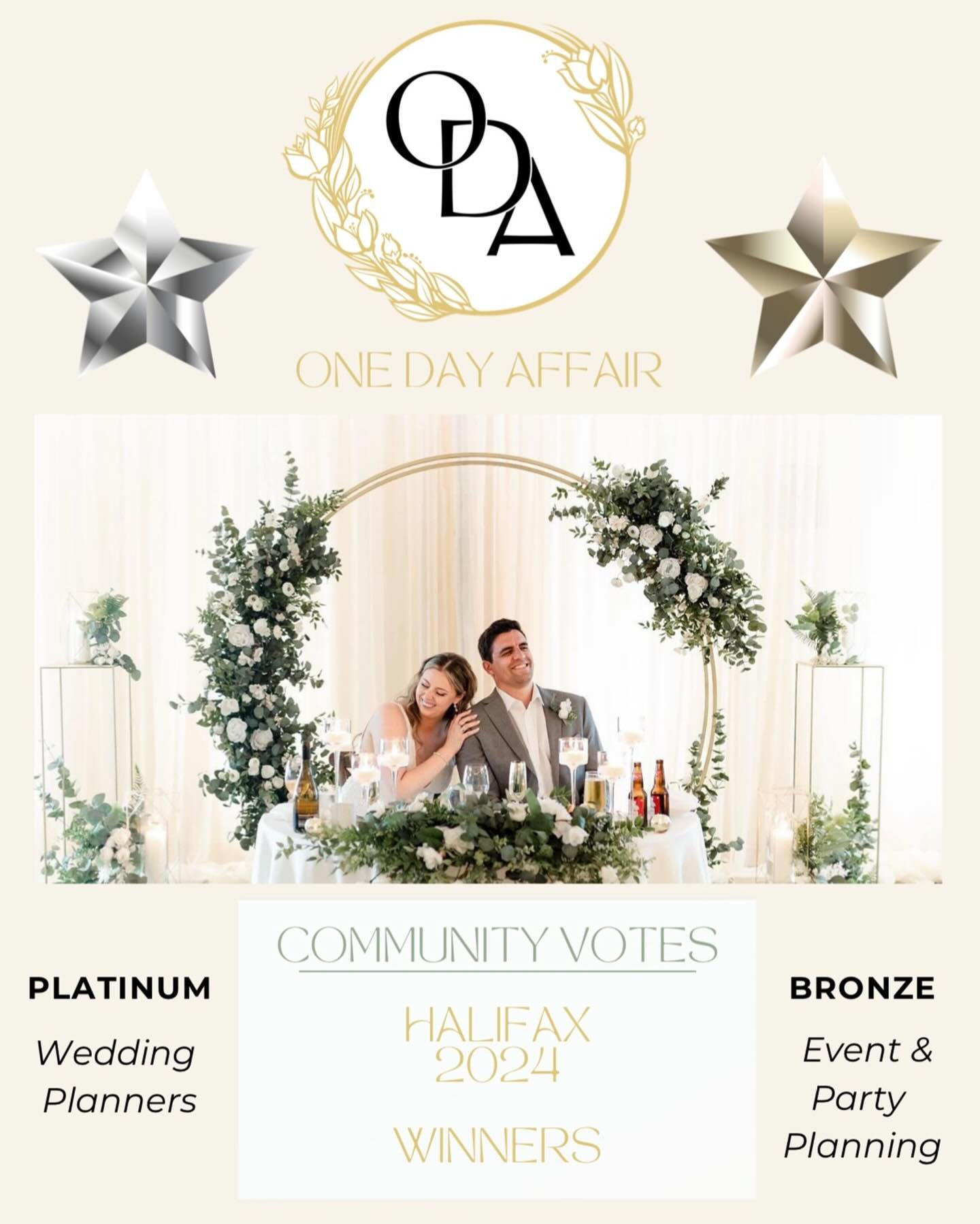 Thank you ALL for your continued support, and awarding ODA the platinum status among wedding planning &amp; bronze status in event &amp; party planning for 2024&rsquo;s Halifax Community Votes. We are honoured to be recognized along side some of the 
