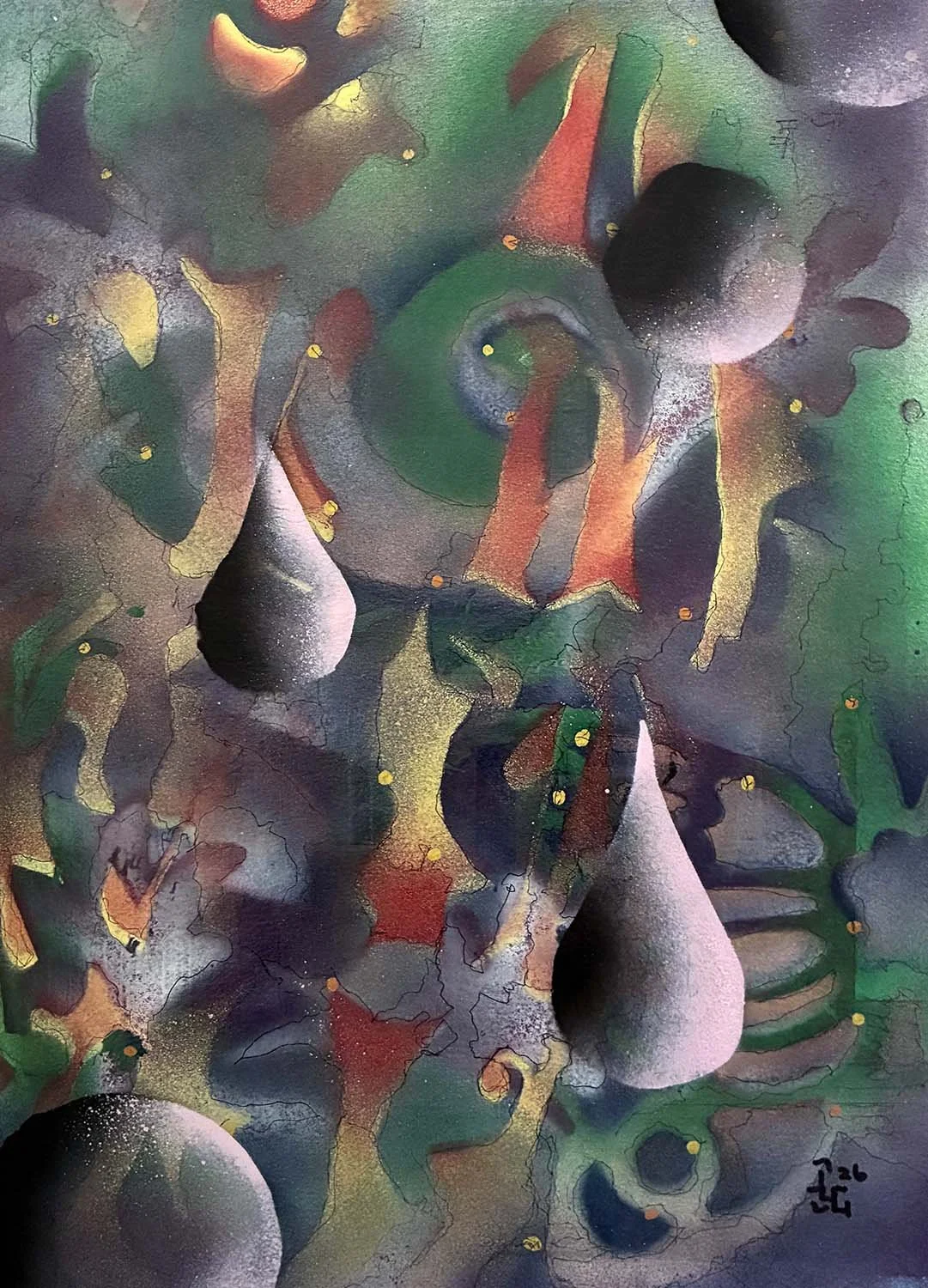  Baroque Drops  Acrylic enamel & ink on paper 18x24