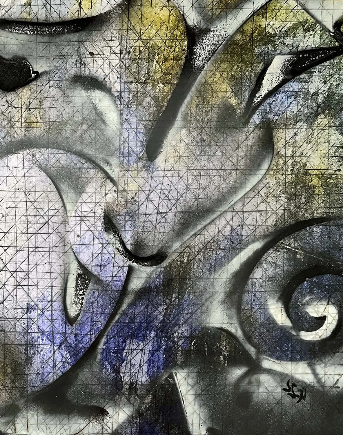 Interacting Shapes I  Acrylic enamel and ink on paper 12x18